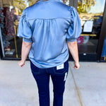 Pink Friday Doorbuster - Puff Sleeve Satin Blouse - Slate - IN STORE-PINK FRIDAY DOORBUSTERS-GLAM-July & June Women's Fashion Boutique Located in San Antonio, Texas