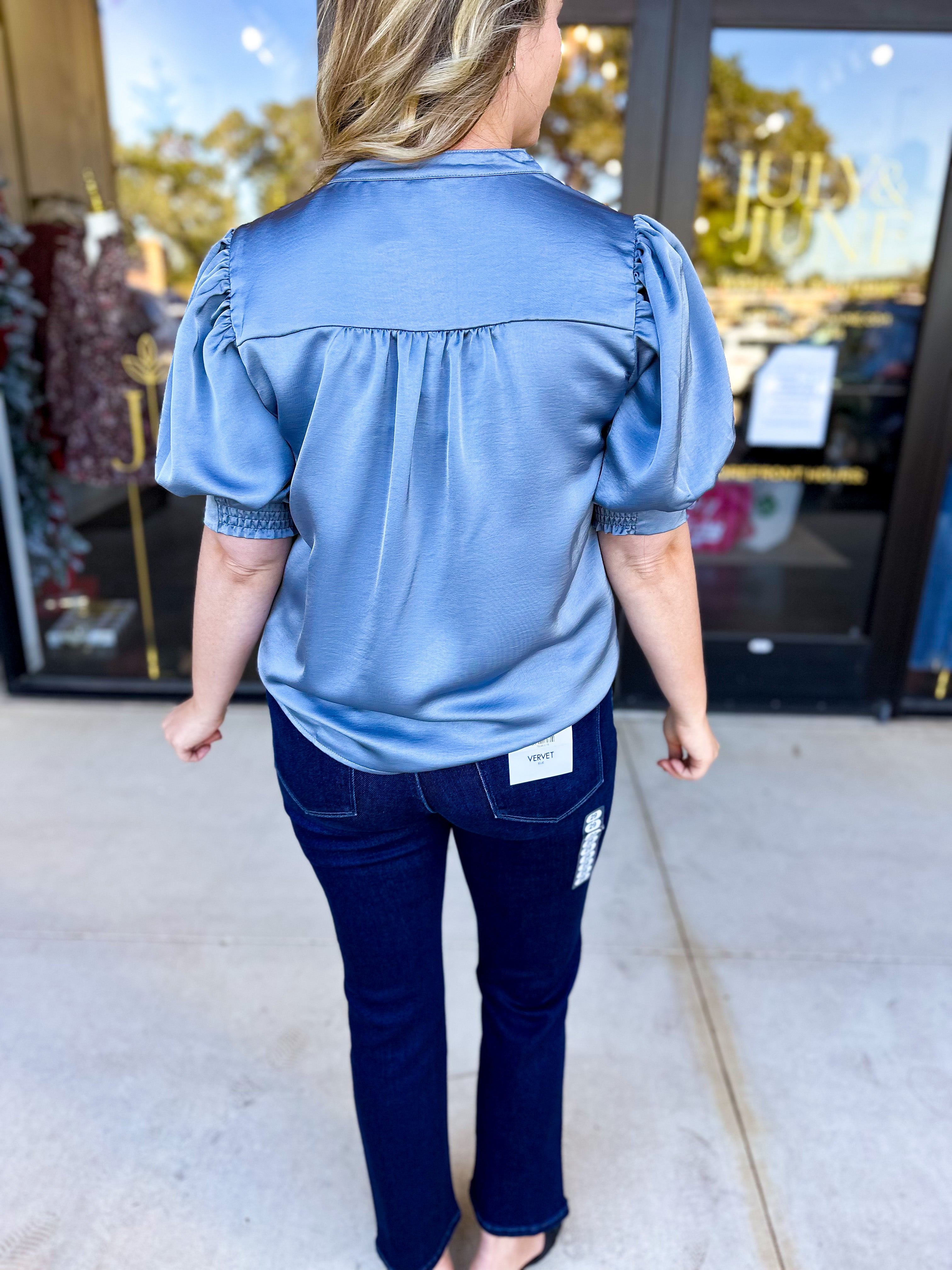 Pink Friday Doorbuster - Puff Sleeve Satin Blouse - Slate - IN STORE-PINK FRIDAY DOORBUSTERS-GLAM-July & June Women's Fashion Boutique Located in San Antonio, Texas