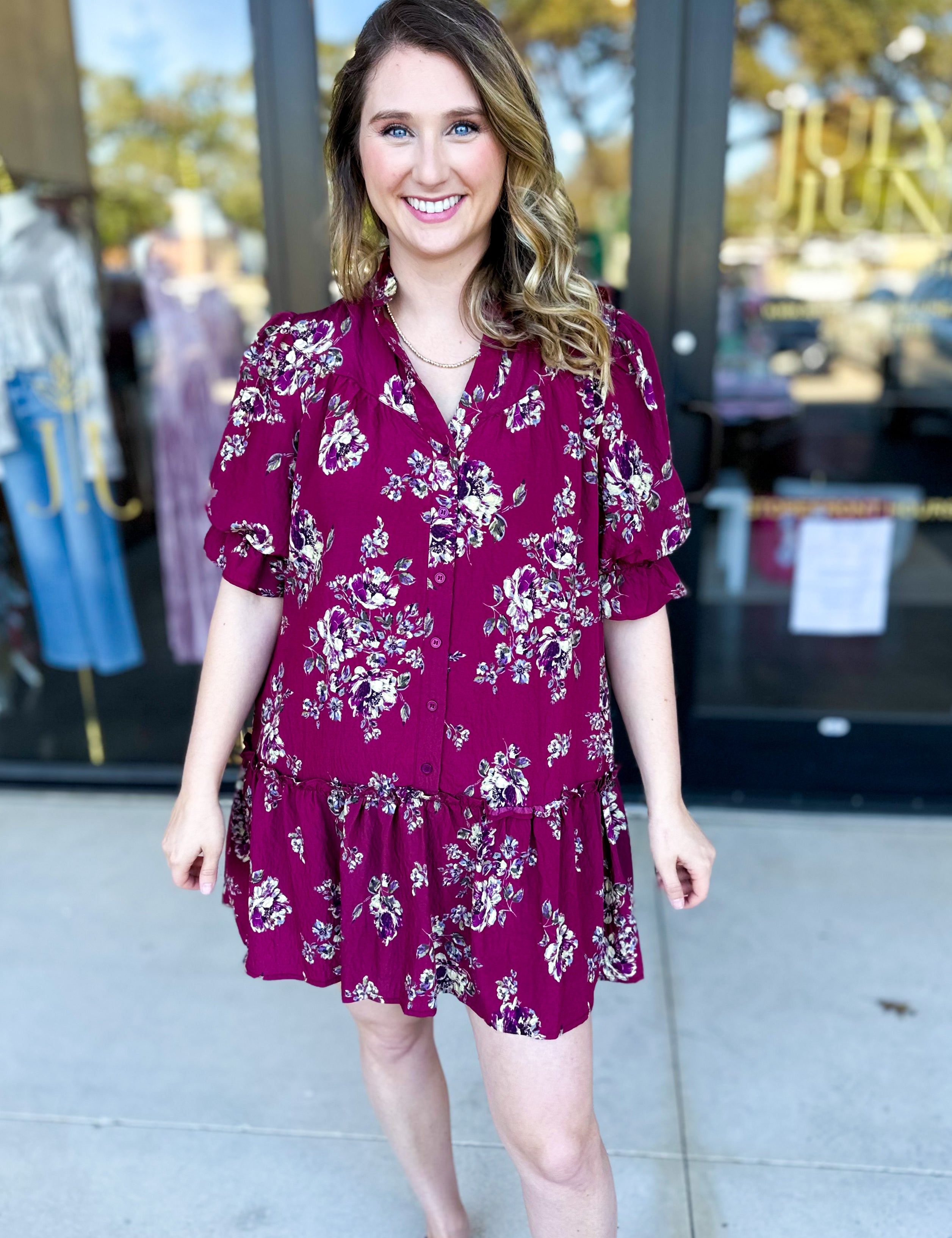 Red Plum Floral Mini Dress-510 Mini-FATE-July & June Women's Fashion Boutique Located in San Antonio, Texas