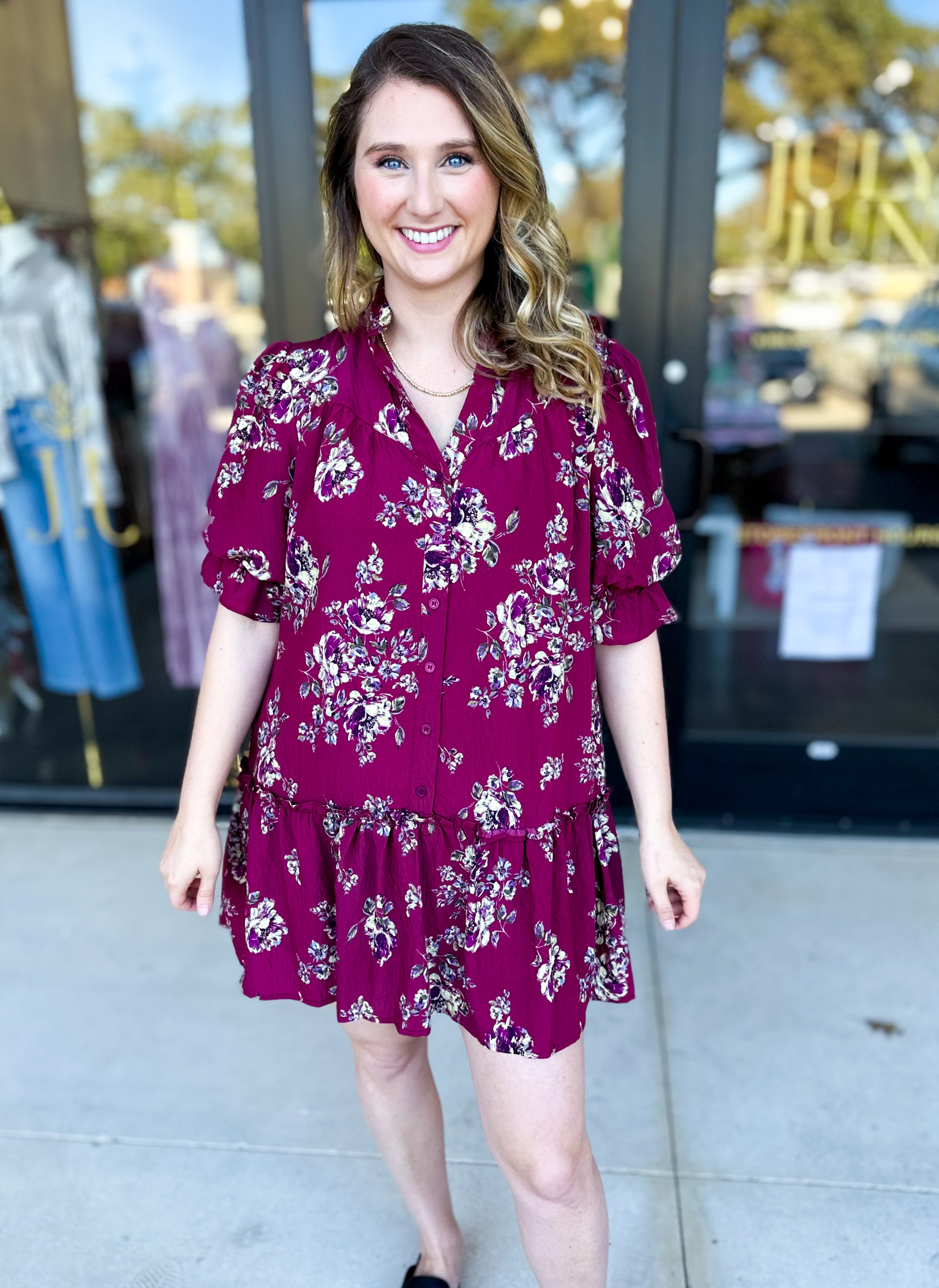 Red Plum Floral Mini Dress-510 Mini-FATE-July & June Women's Fashion Boutique Located in San Antonio, Texas