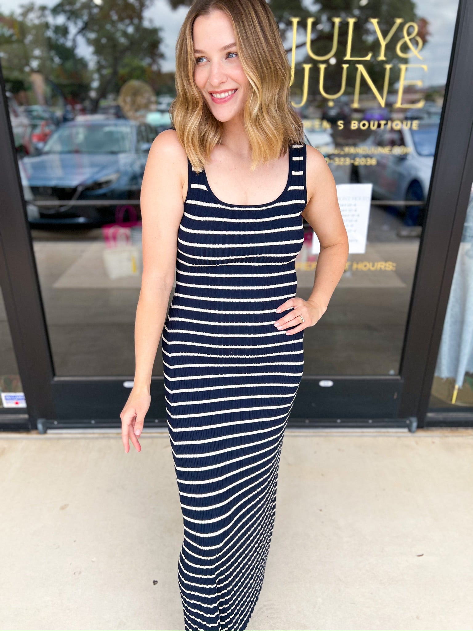 Navy Knit Midi Dress-500 Midi-SKIES ARE BLUE-July & June Women's Fashion Boutique Located in San Antonio, Texas