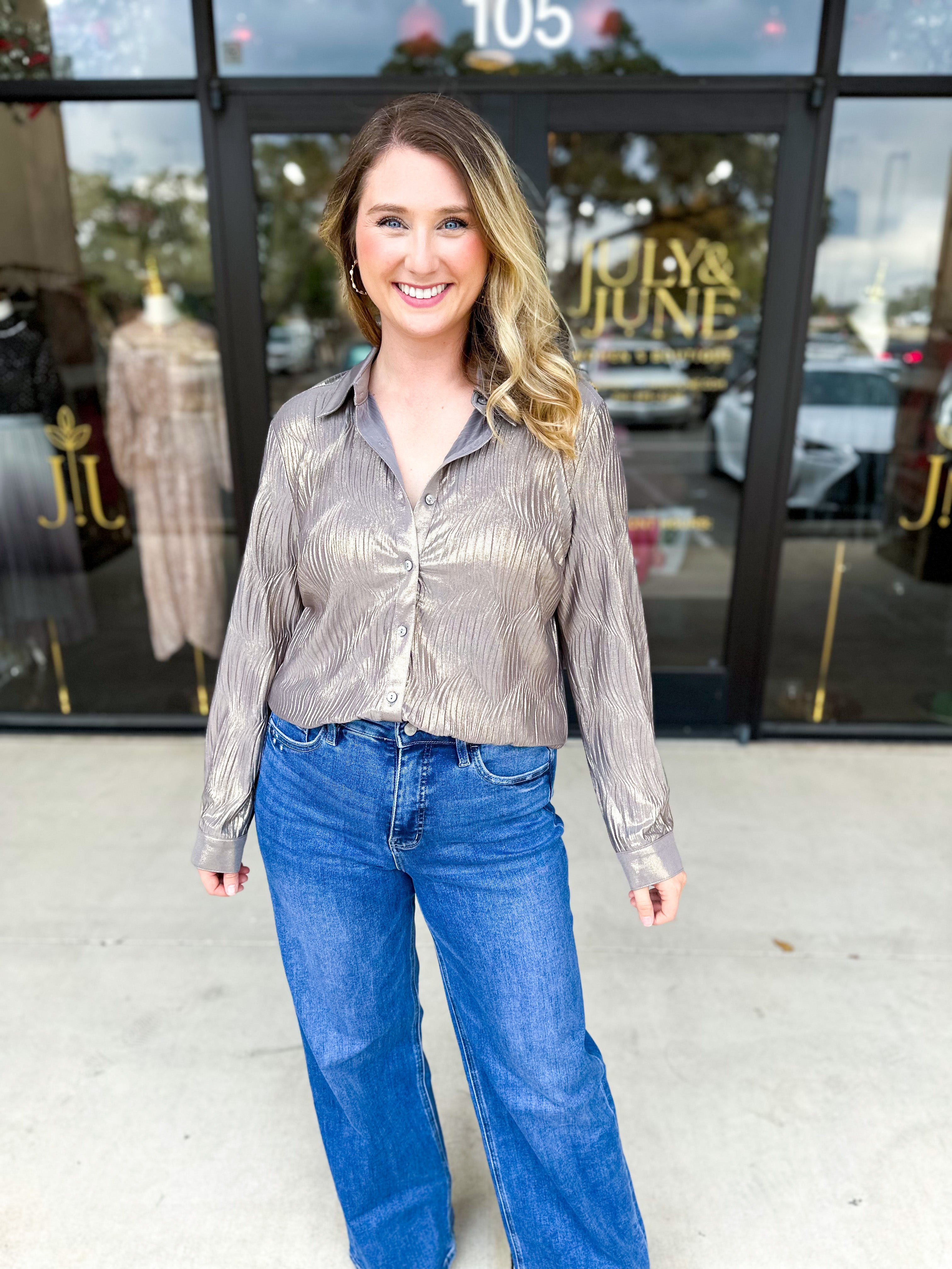 Shimmer Button Down Blouse - Champagne-200 Fashion Blouses-ALLIE ROSE-July & June Women's Fashion Boutique Located in San Antonio, Texas