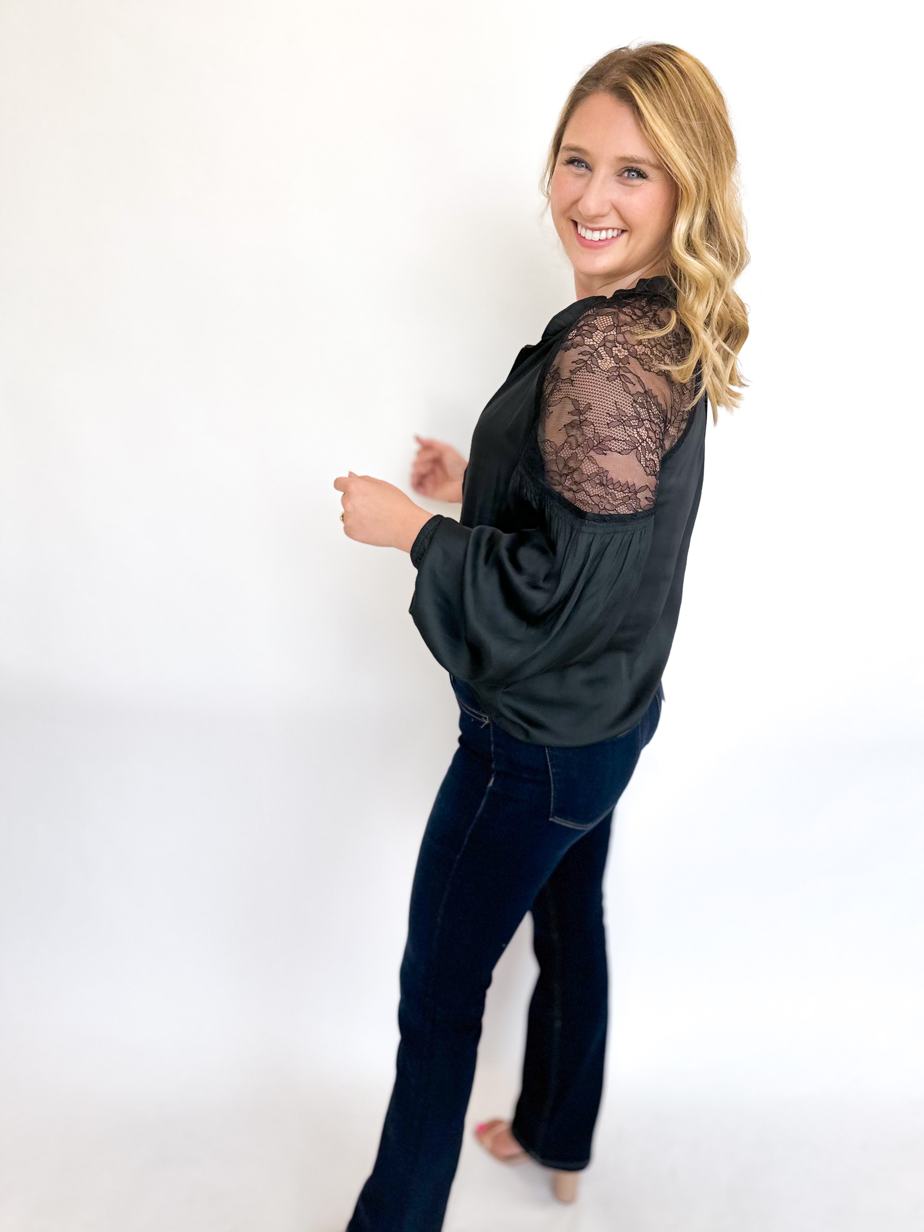 Lace Shoulder Blouse- Black-200 Fashion Blouses-CURRENT AIR CLOTHING-July & June Women's Fashion Boutique Located in San Antonio, Texas