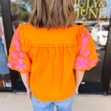 THML - Bold Citrus Embroidered Blouse-200 Fashion Blouses-THML-July & June Women's Fashion Boutique Located in San Antonio, Texas