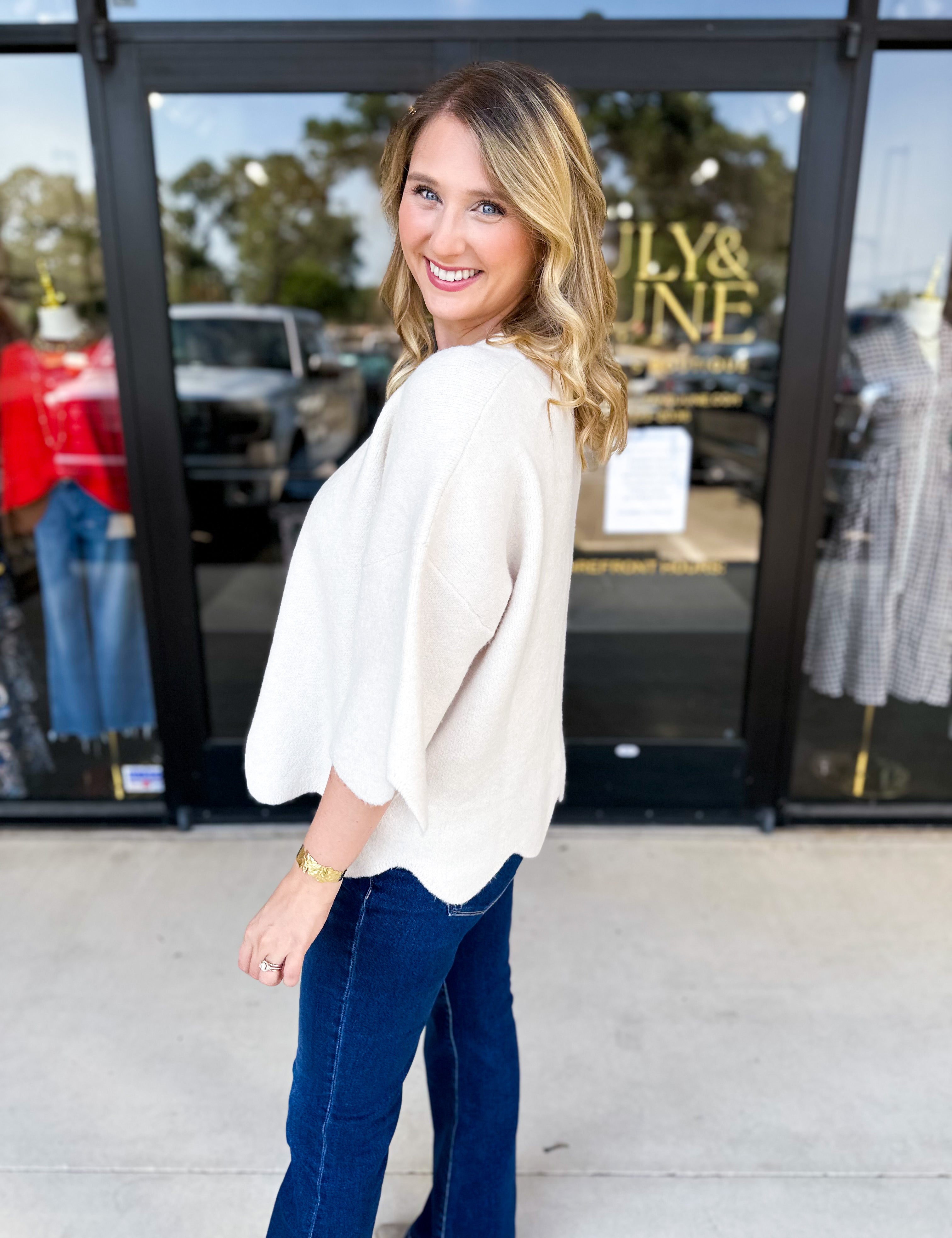 Scalloped Sweater Top - Cream-230 Sweaters/Cardis-ENTRO-July & June Women's Fashion Boutique Located in San Antonio, Texas