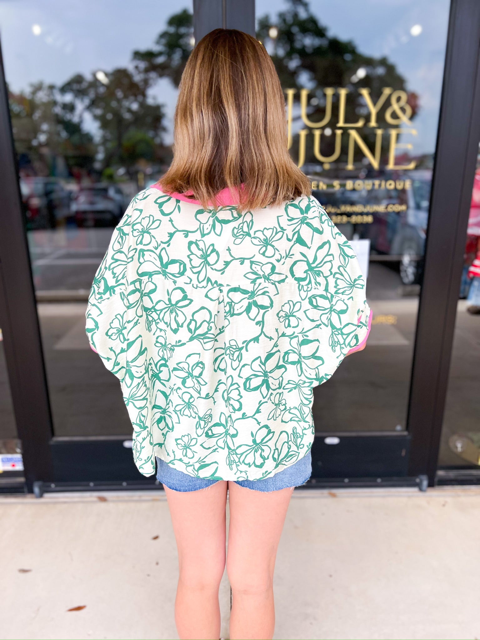 Green & Pink Floral Blouse-200 Fashion Blouses-ENTRO-July & June Women's Fashion Boutique Located in San Antonio, Texas