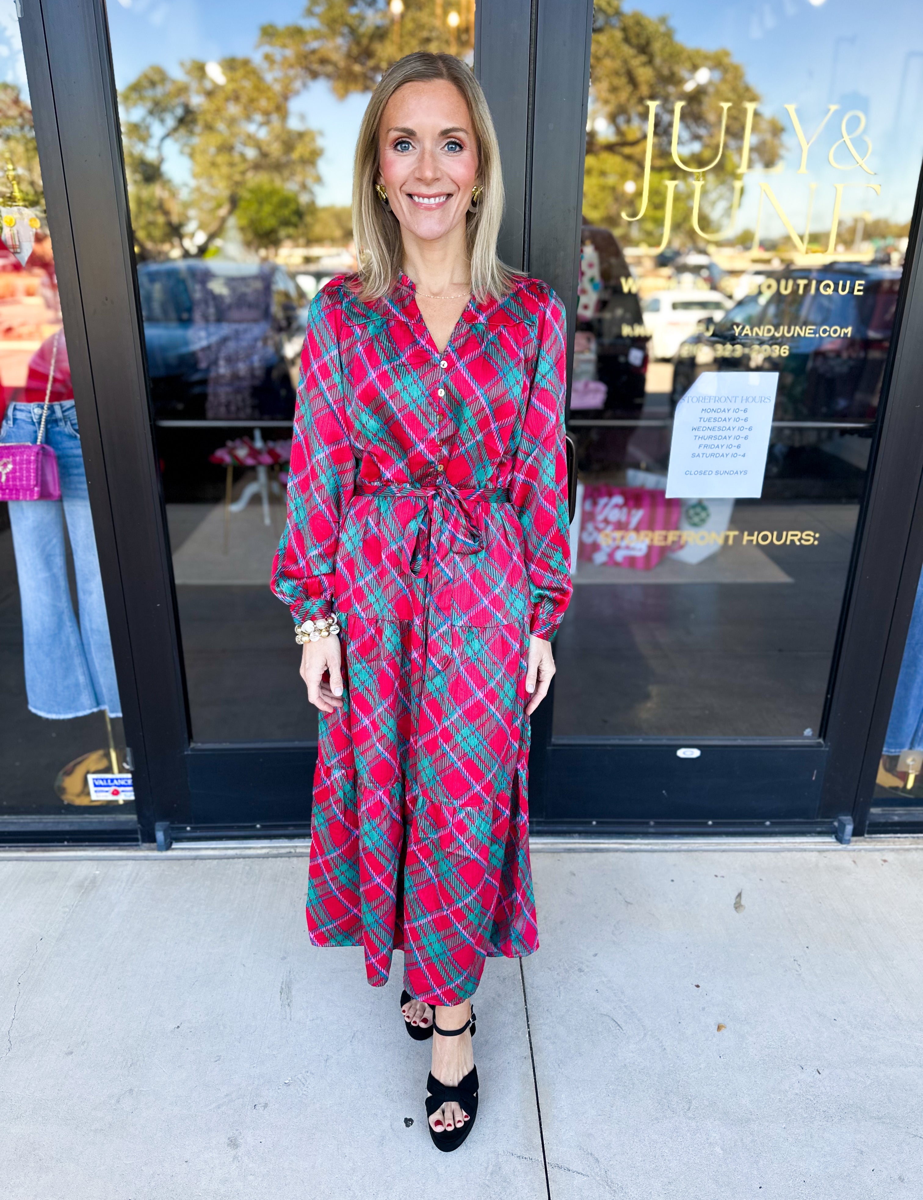 Mary Square - Gracelyn Plaid About You Pink Midi Dress-500 Midi-MARY SQUARE-July & June Women's Fashion Boutique Located in San Antonio, Texas