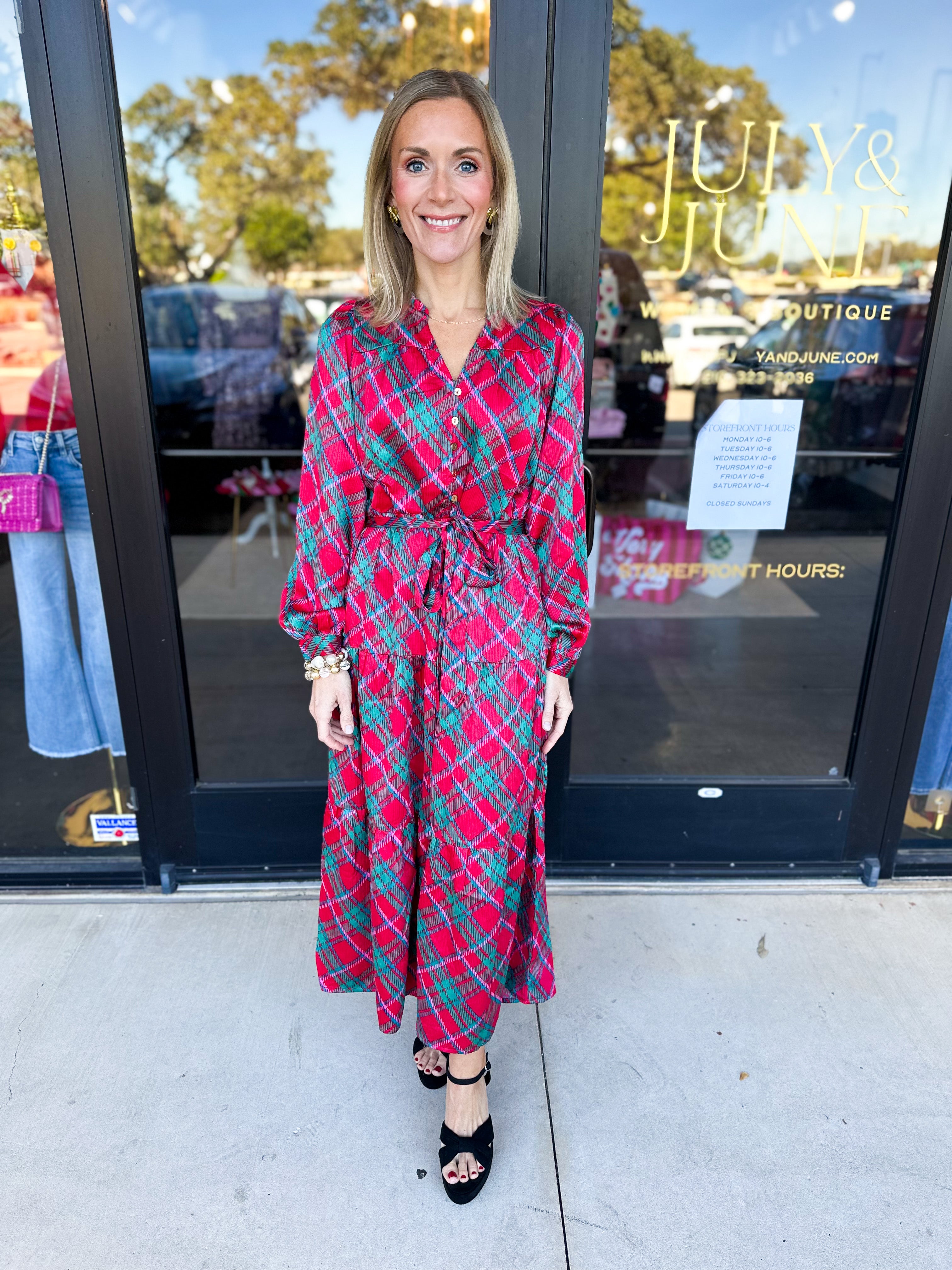 Mary Square - Gracelyn Plaid About You Pink Midi Dress-500 Midi-MARY SQUARE-July & June Women's Fashion Boutique Located in San Antonio, Texas