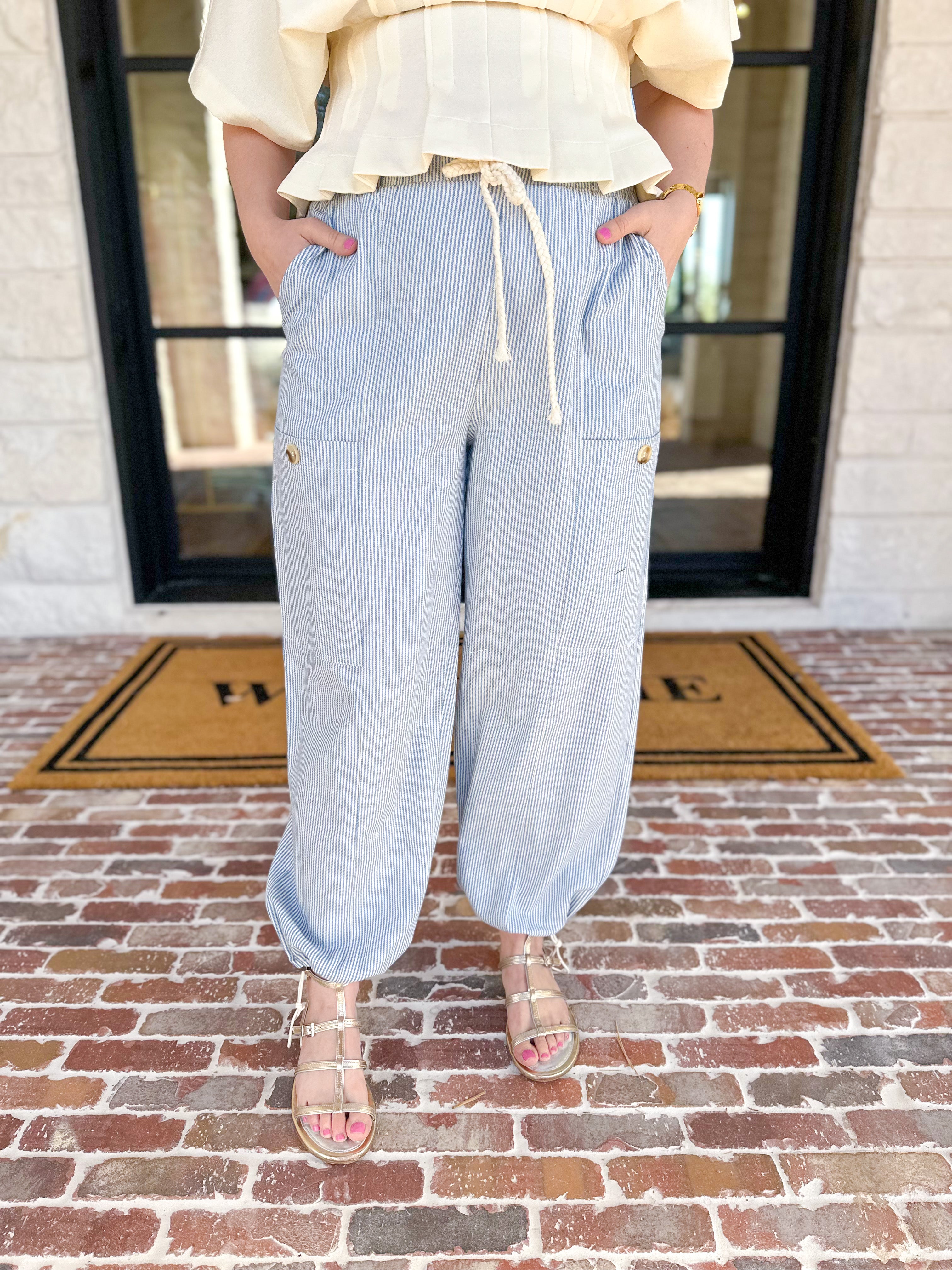 Striped Twill Elastic Barrel Pants-400 Pants-ALLIE ROSE-July & June Women's Fashion Boutique Located in San Antonio, Texas