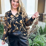 Current Air - Golden Floral Blouse-200 Fashion Blouses-CURRENT AIR CLOTHING-July & June Women's Fashion Boutique Located in San Antonio, Texas