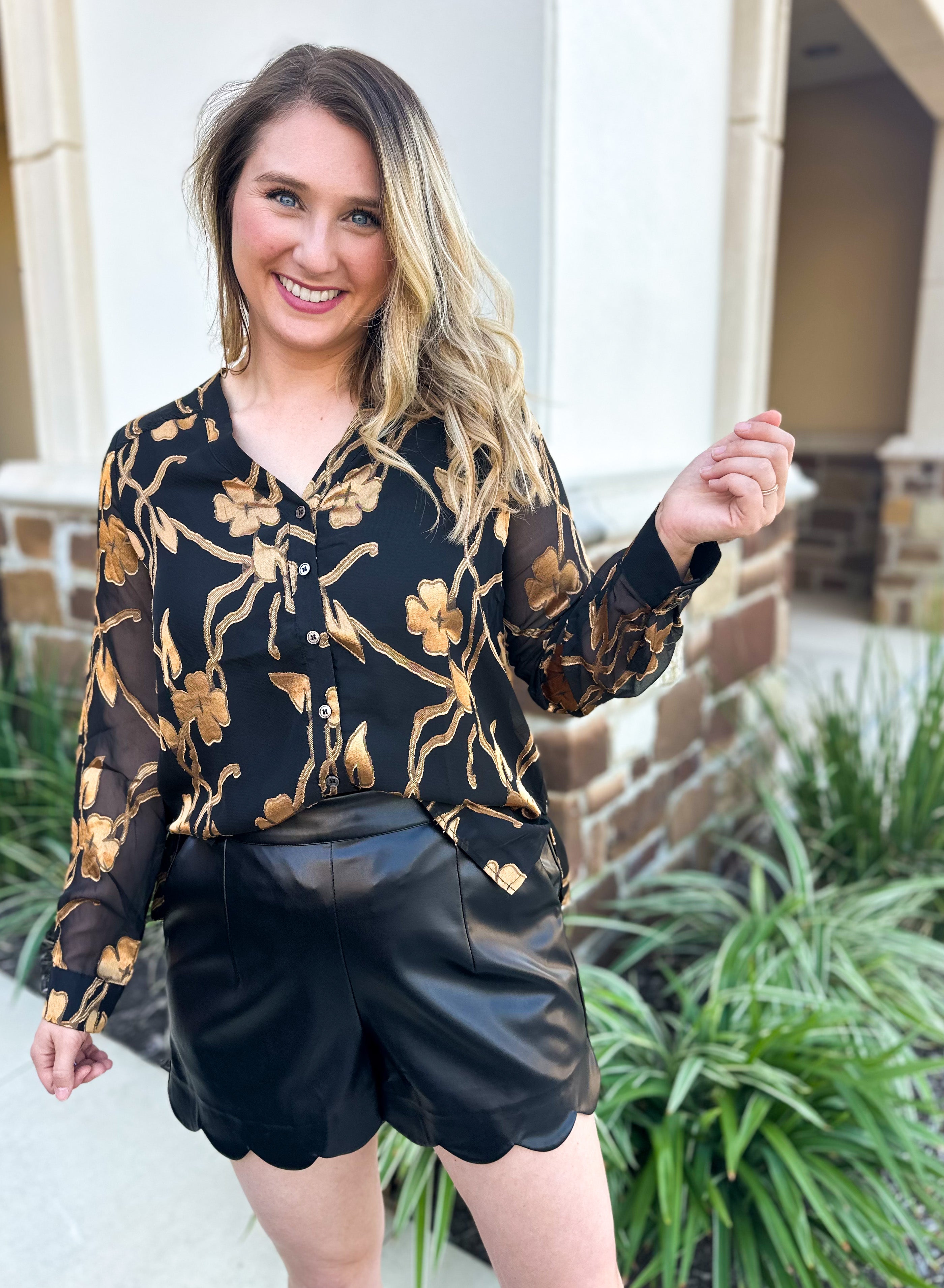 Current Air - Golden Floral Blouse-200 Fashion Blouses-CURRENT AIR CLOTHING-July & June Women's Fashion Boutique Located in San Antonio, Texas