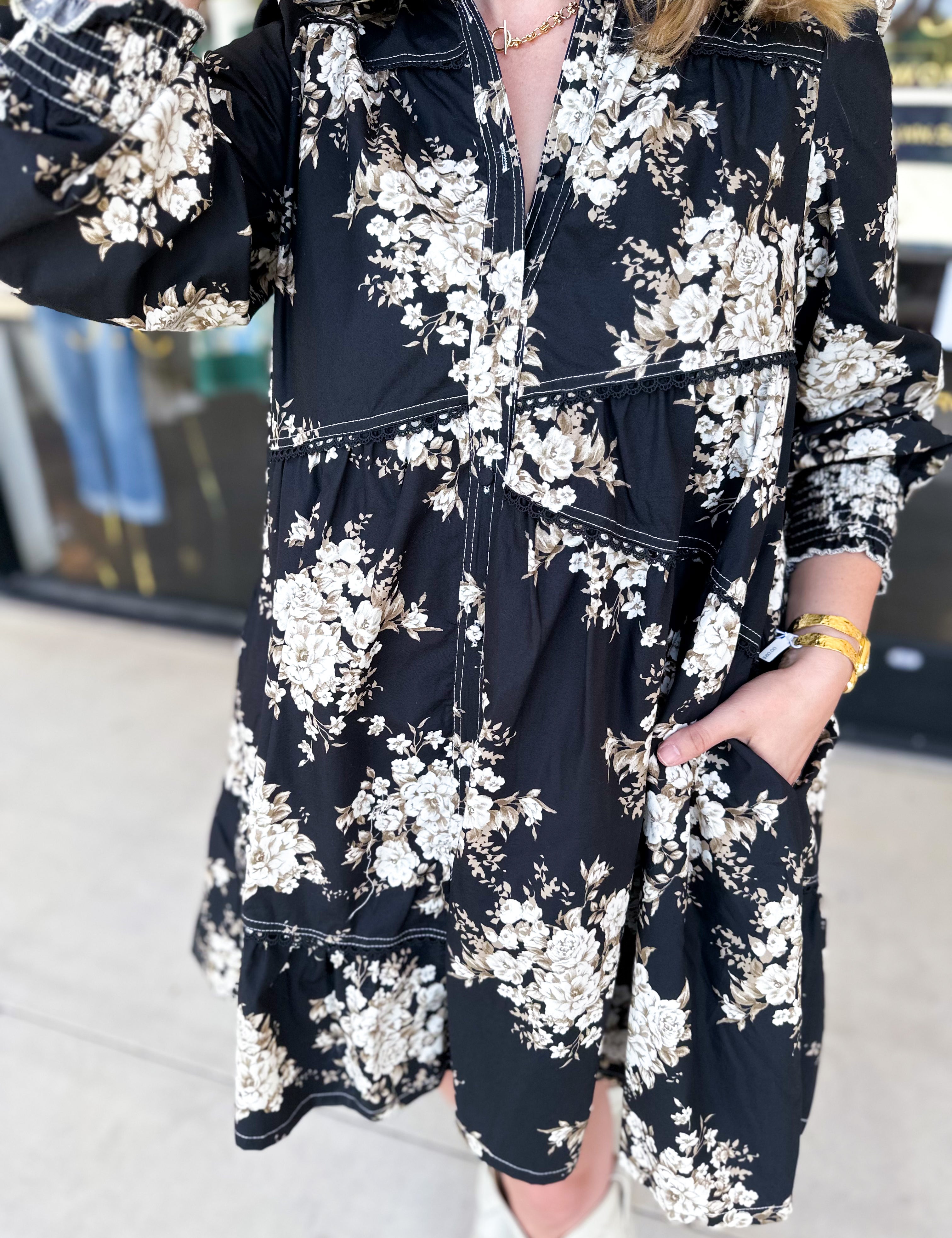 Black & Taupe Vintage Floral Mini Dress-510 Mini-LISTICLE-July & June Women's Fashion Boutique Located in San Antonio, Texas