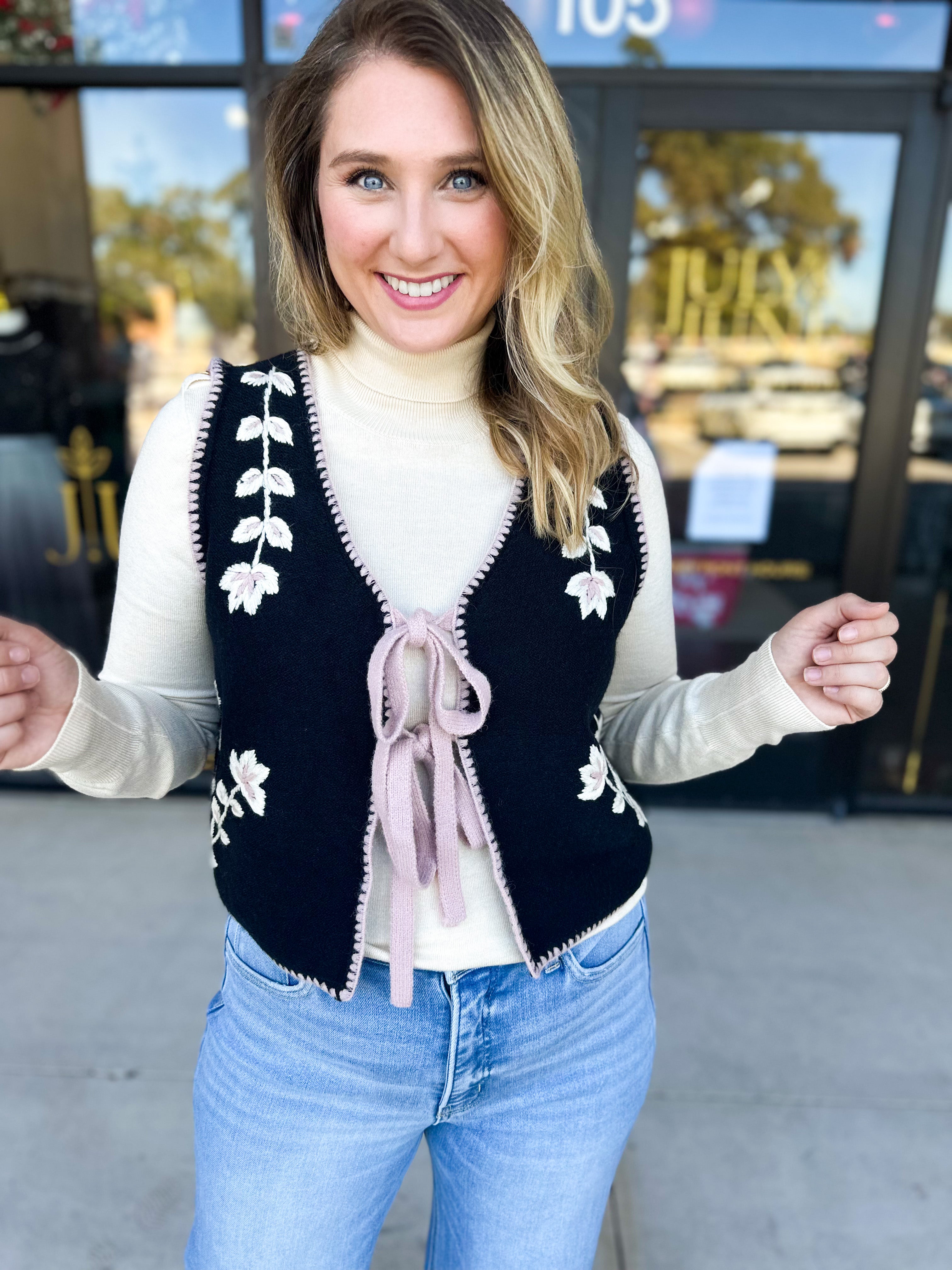 Mauve & Black Knit Floral Vest-600 Outerwear-LISTICLE-July & June Women's Fashion Boutique Located in San Antonio, Texas