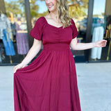 Elegant Burgundy Midi Dress-500 Midi-POLOGRAM-July & June Women's Fashion Boutique Located in San Antonio, Texas