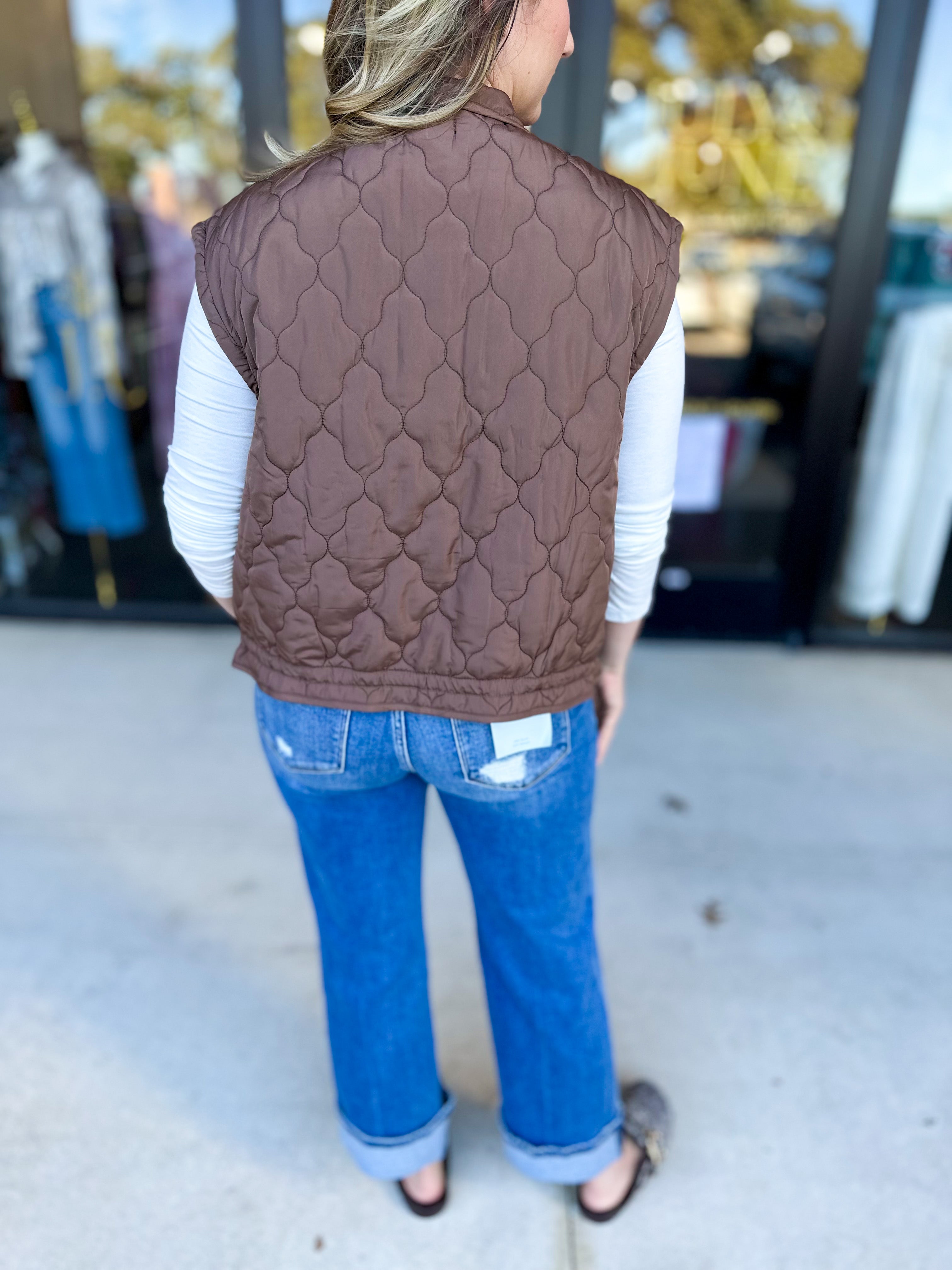 Quilted Bow Vest - Brown-600 Outerwear-BLU PEPPER-July & June Women's Fashion Boutique Located in San Antonio, Texas