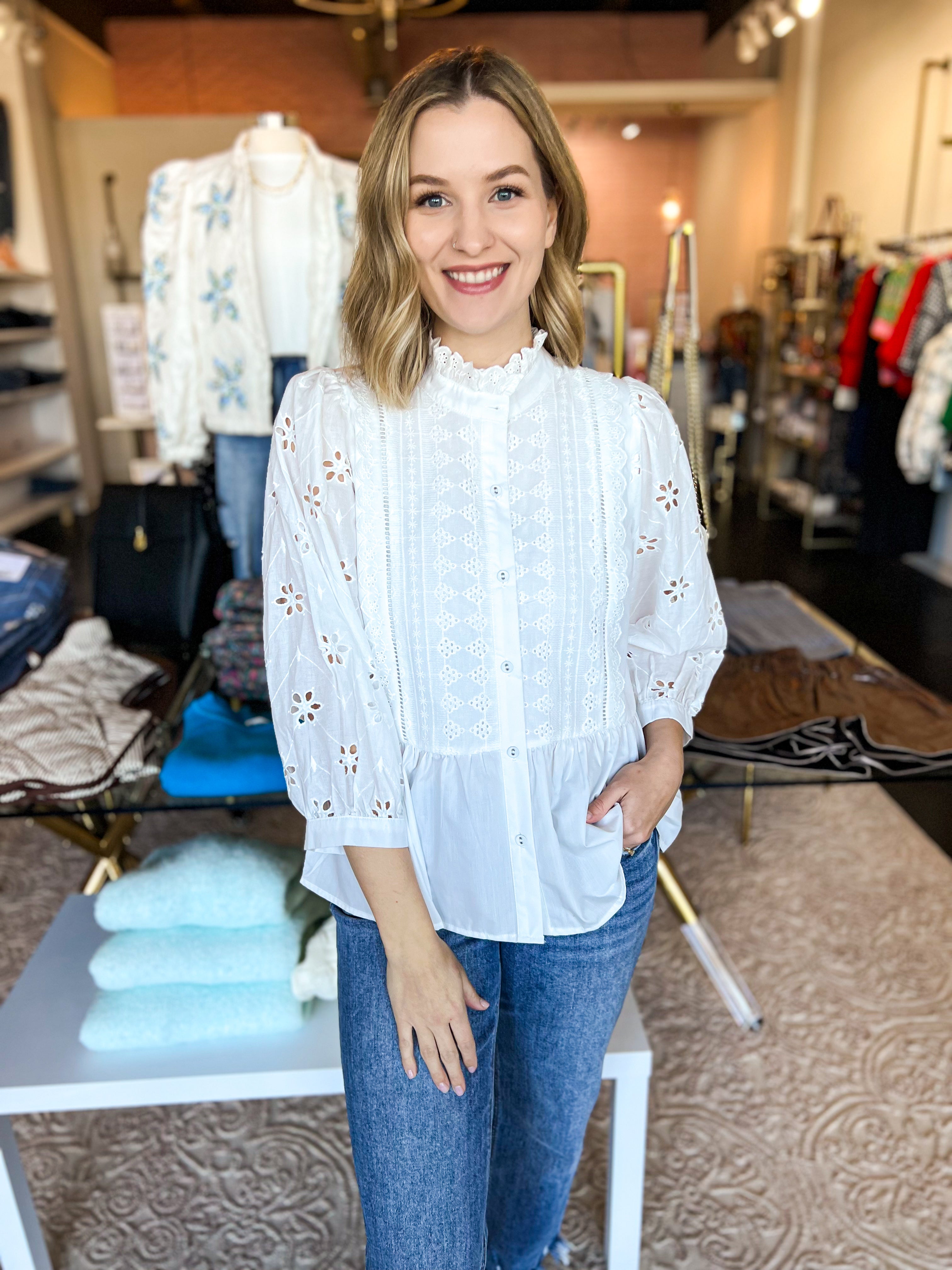 High Neck Lace Detailed Blouse - Ivory-200 Fashion Blouses-ENTRO-July & June Women's Fashion Boutique Located in San Antonio, Texas