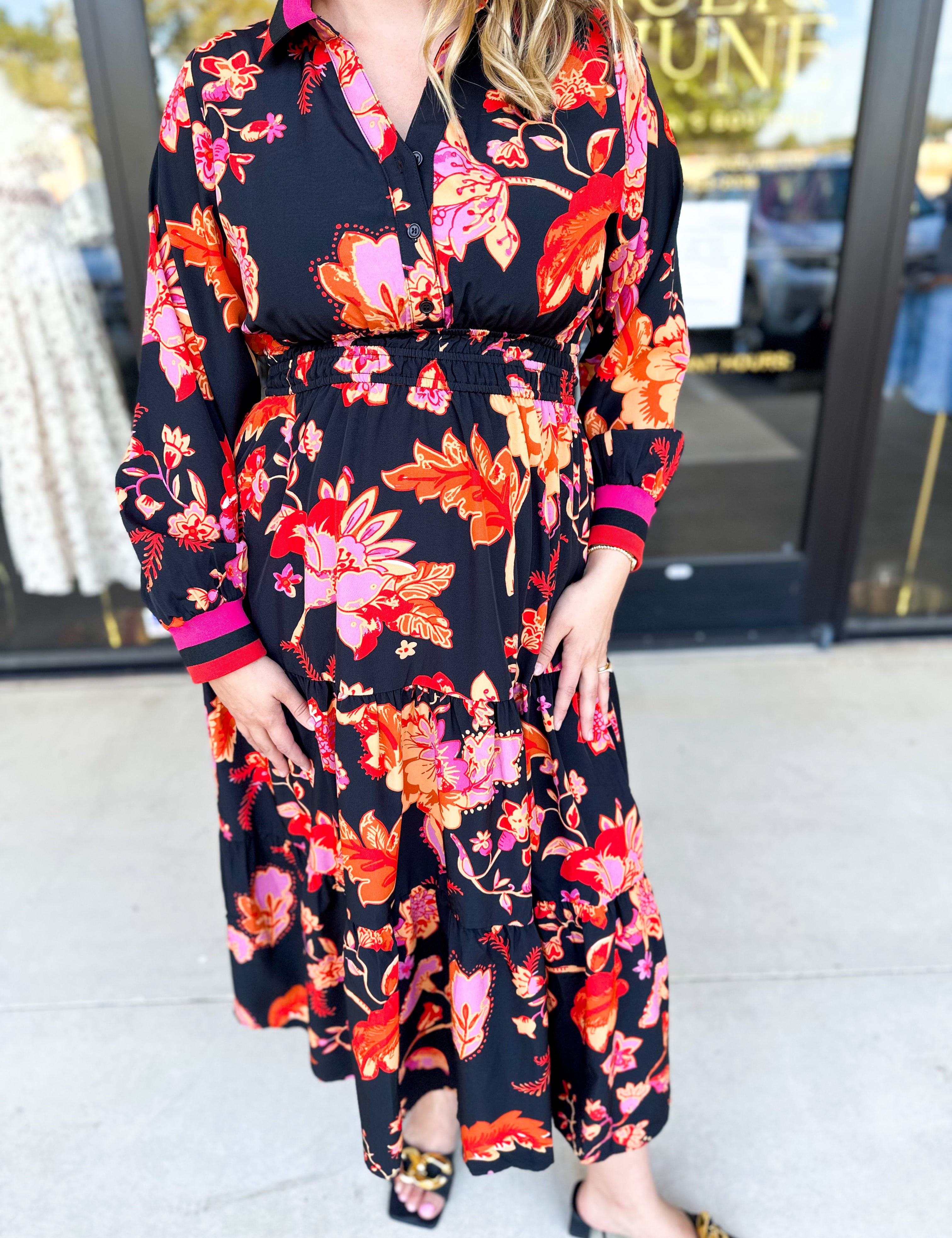 Bold Paisley Floral Print Midi Dress-500 Midi-JODIFL-July & June Women's Fashion Boutique Located in San Antonio, Texas