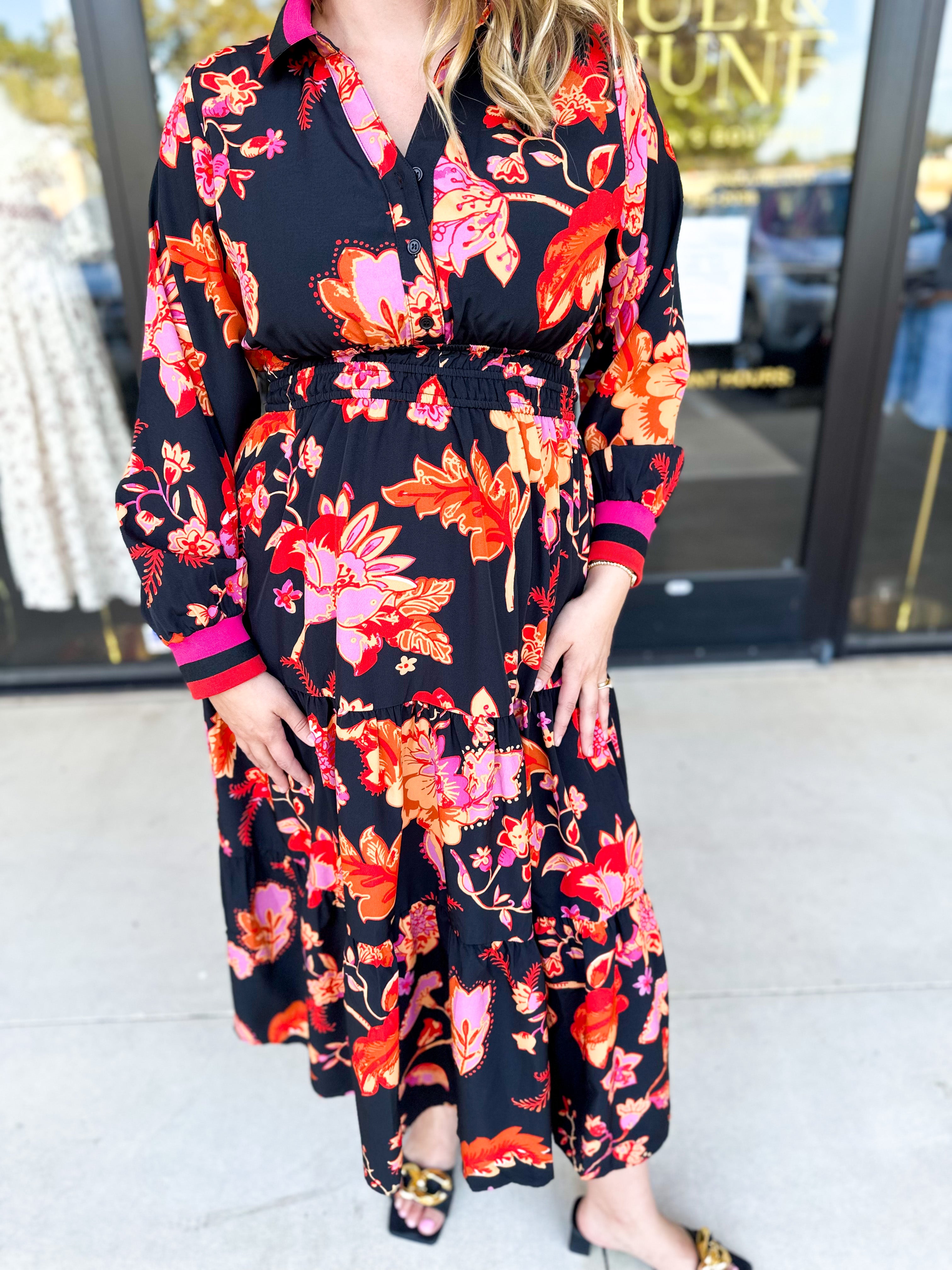 Bold Paisley Floral Print Midi Dress-500 Midi-JODIFL-July & June Women's Fashion Boutique Located in San Antonio, Texas