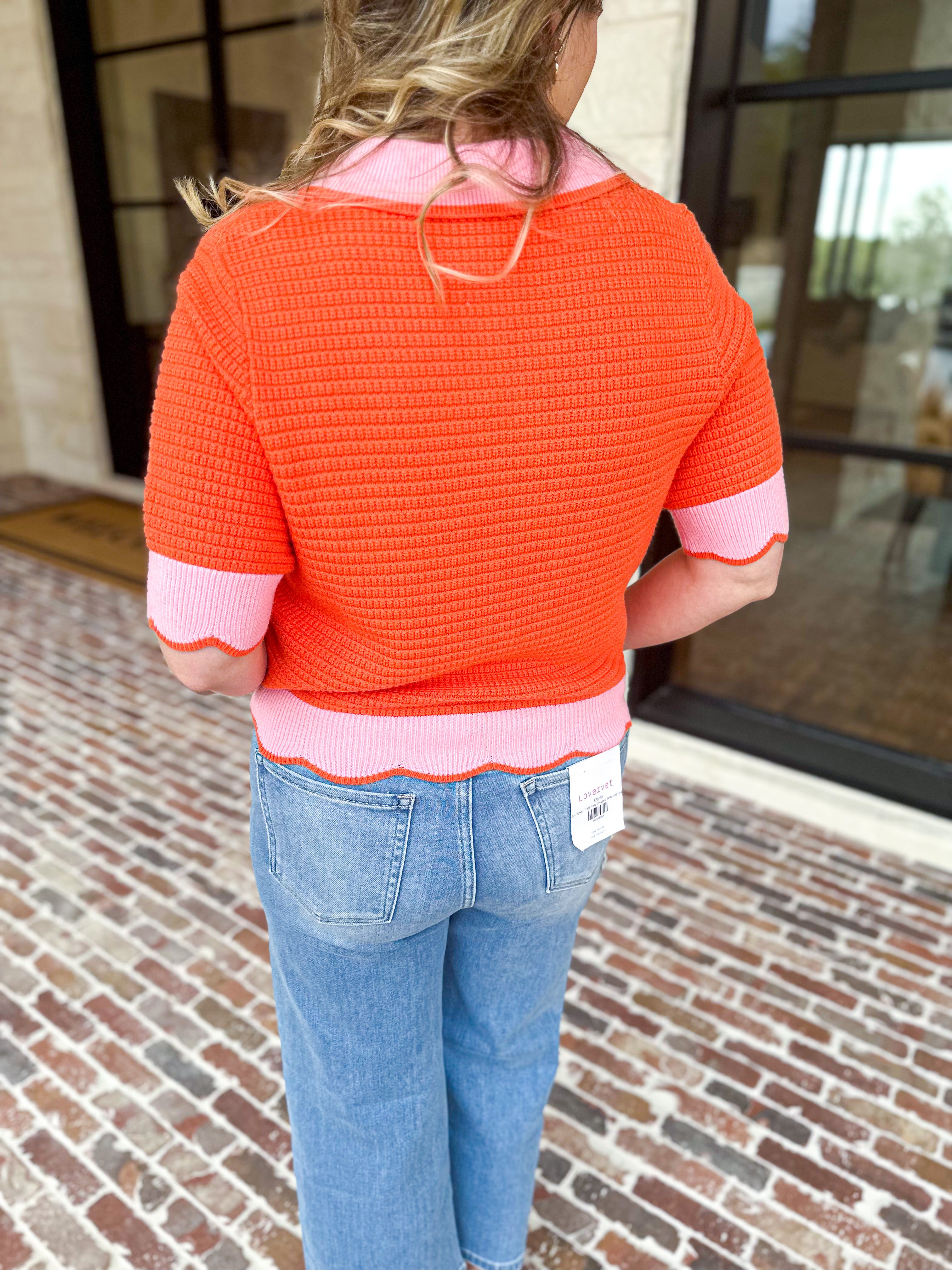 THML - Orange & Pink Collared Knit Top-230 Sweaters/Cardis-THML-July & June Women's Fashion Boutique Located in San Antonio, Texas