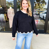 Scalloped Edges Sweater - Black-230 Sweaters/Cardis-ENTRO-July & June Women's Fashion Boutique Located in San Antonio, Texas