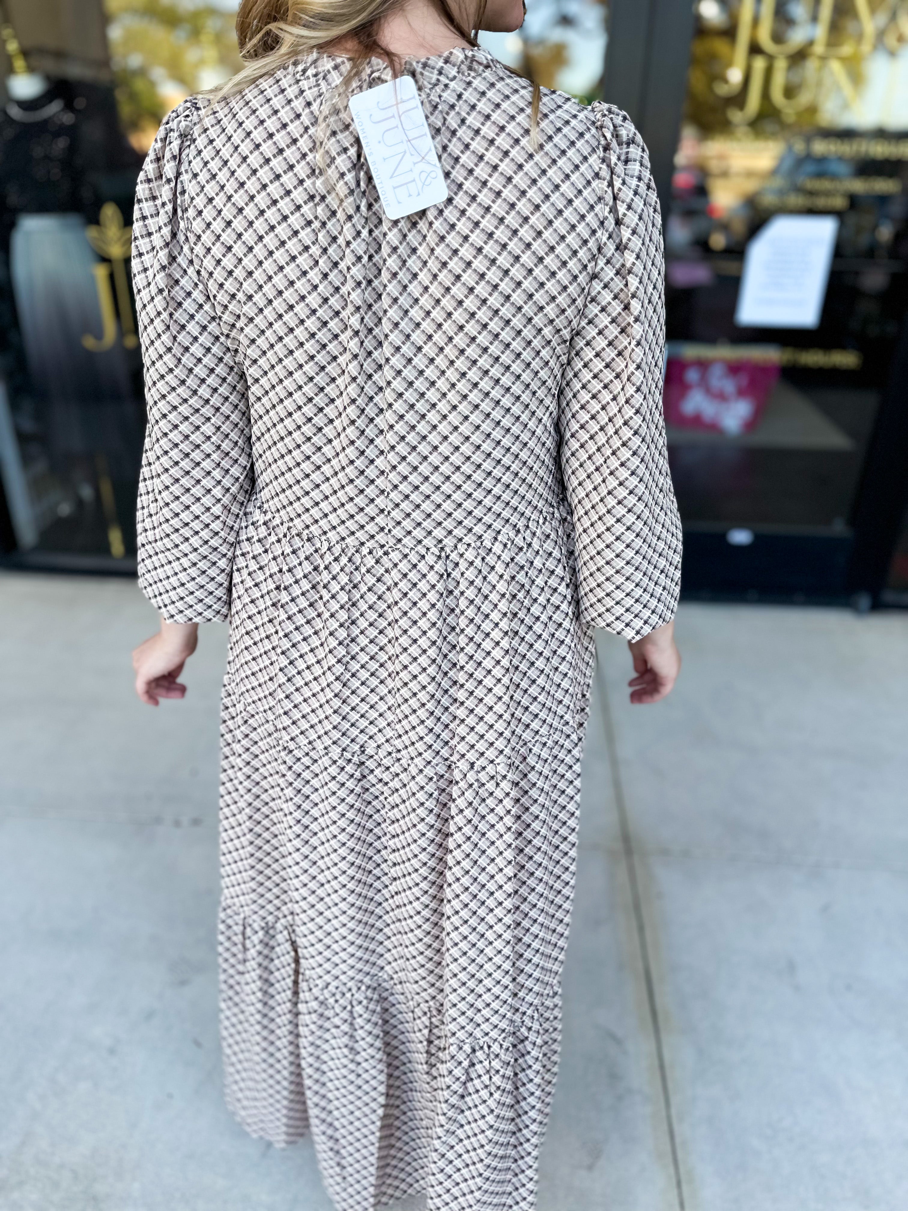Taupe & Black Midi Dress-500 Midi-POLOGRAM-July & June Women's Fashion Boutique Located in San Antonio, Texas