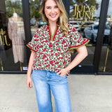 Burgundy & Olive Floral Blouse-200 Fashion Blouses-ENTRO-July & June Women's Fashion Boutique Located in San Antonio, Texas