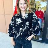 Ivory & Black Floral Blouse-200 Fashion Blouses-JODIFL-July & June Women's Fashion Boutique Located in San Antonio, Texas