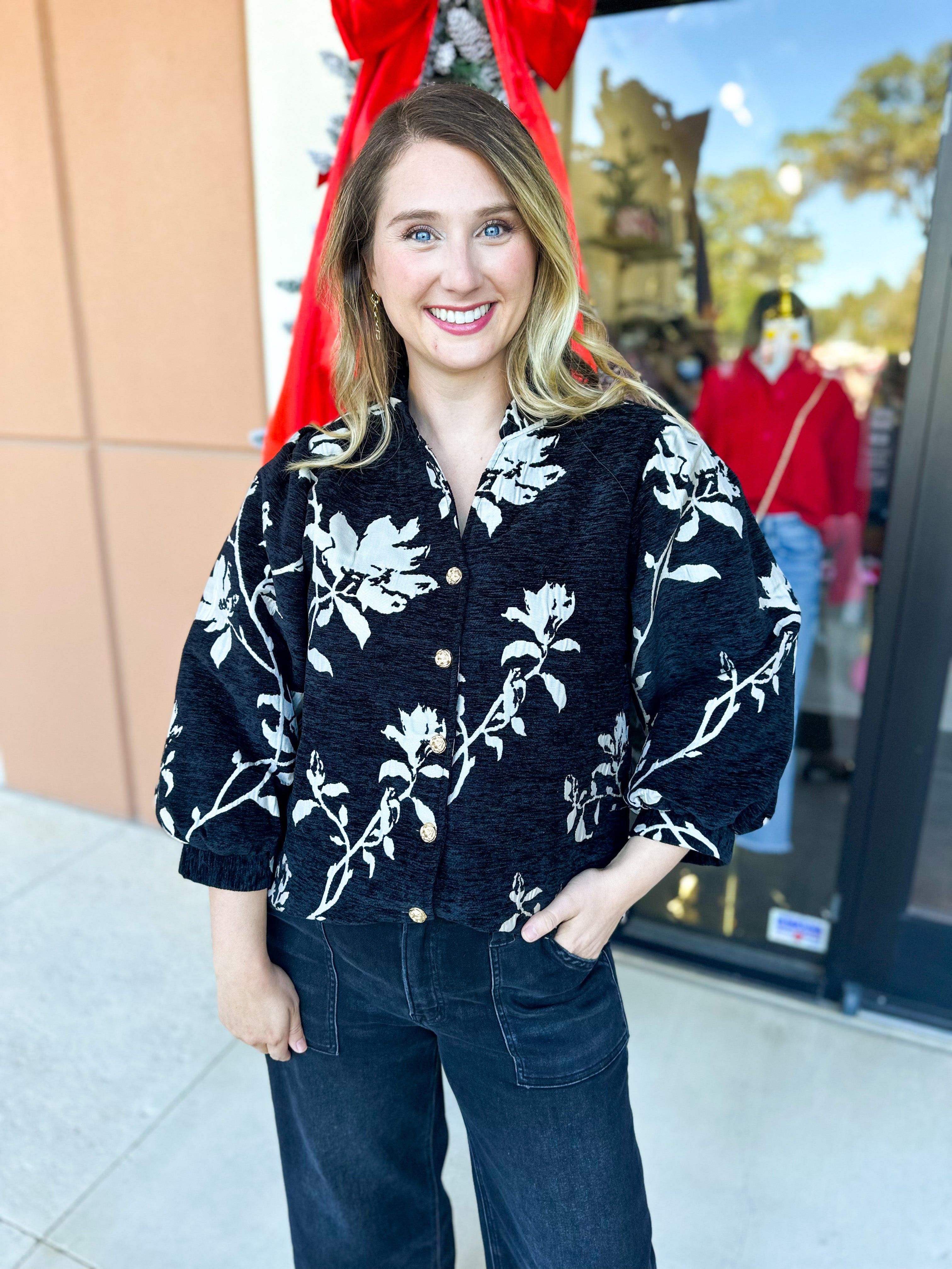 Ivory & Black Floral Blouse-200 Fashion Blouses-JODIFL-July & June Women's Fashion Boutique Located in San Antonio, Texas