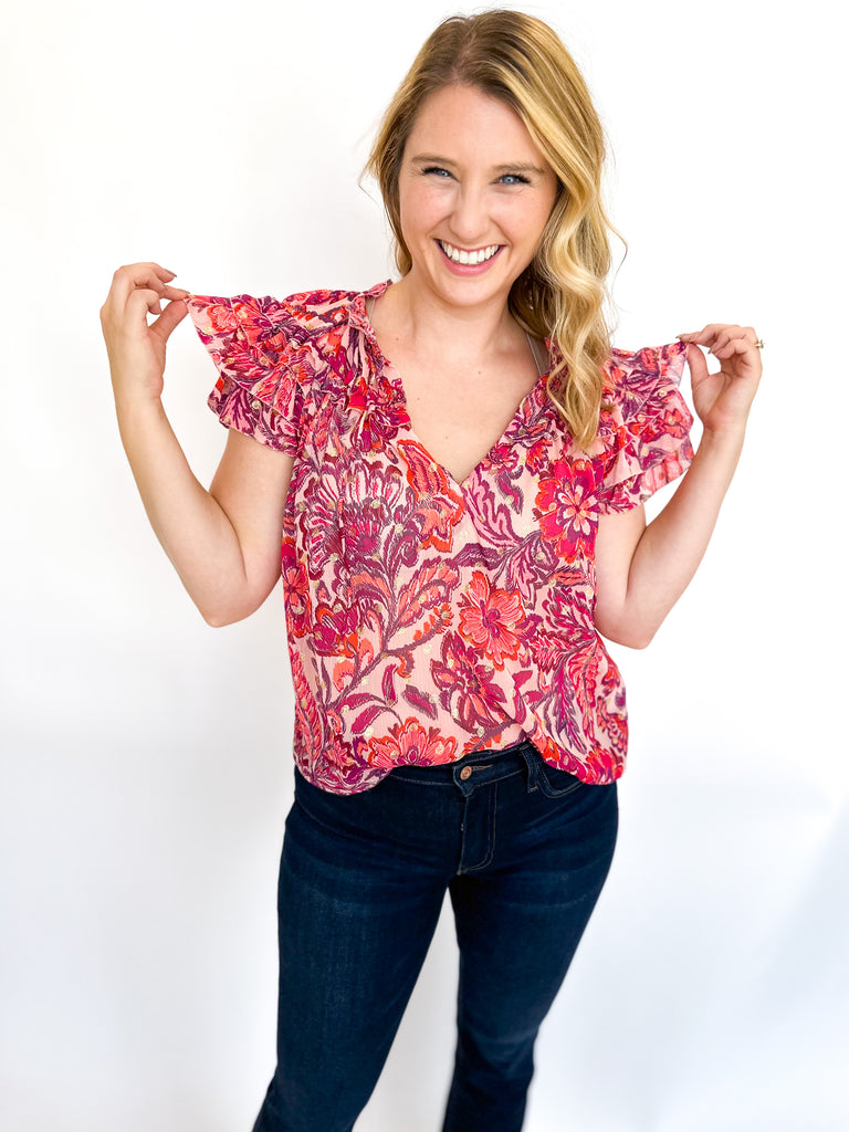 Magenta Pink Floral Ruffle Blouse-200 Fashion Blouses-OLIVACEOUS-July & June Women's Fashion Boutique Located in San Antonio, Texas