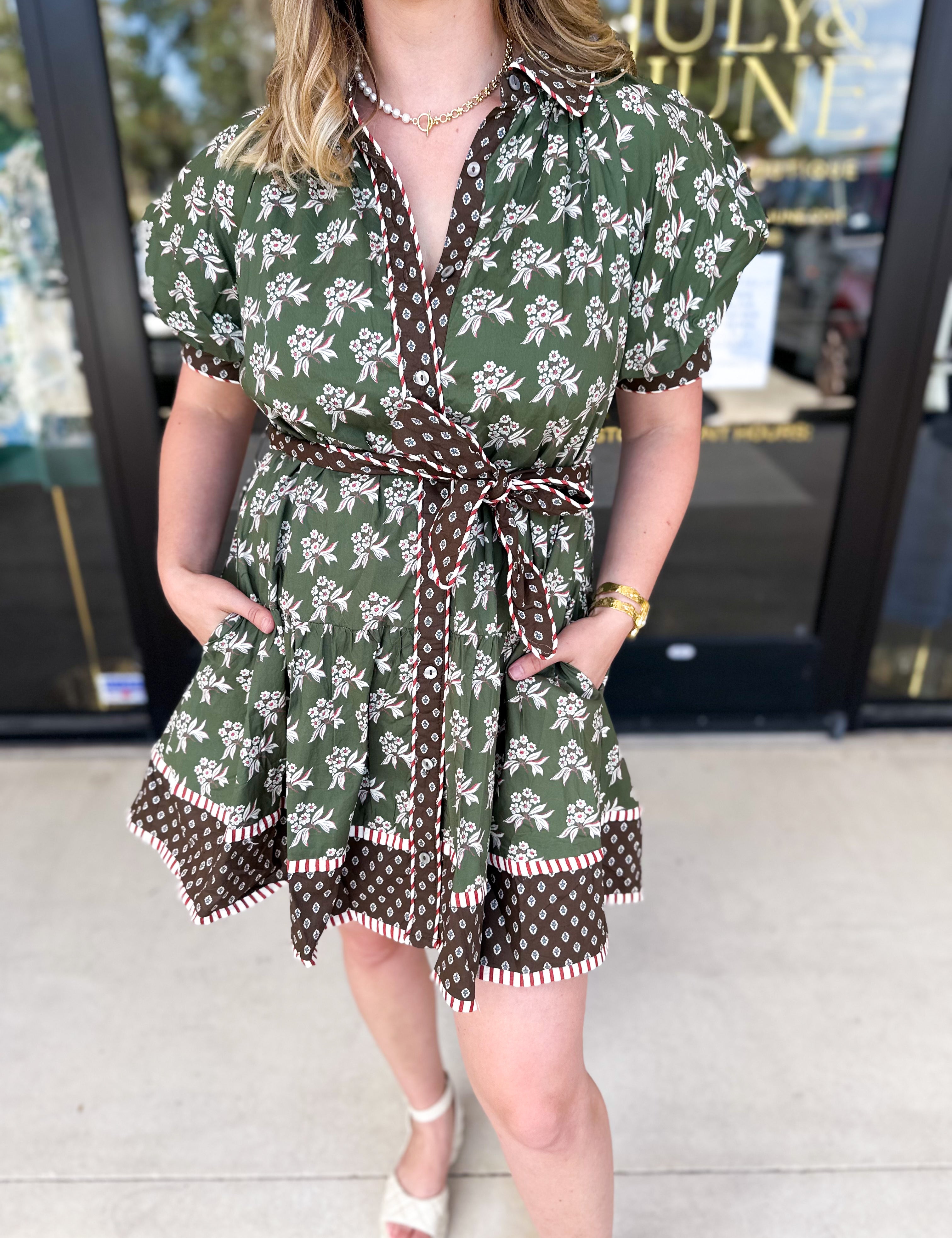 Olive & Chocolate Brown Floral Mini Dress-510 Mini-ENTRO-July & June Women's Fashion Boutique Located in San Antonio, Texas