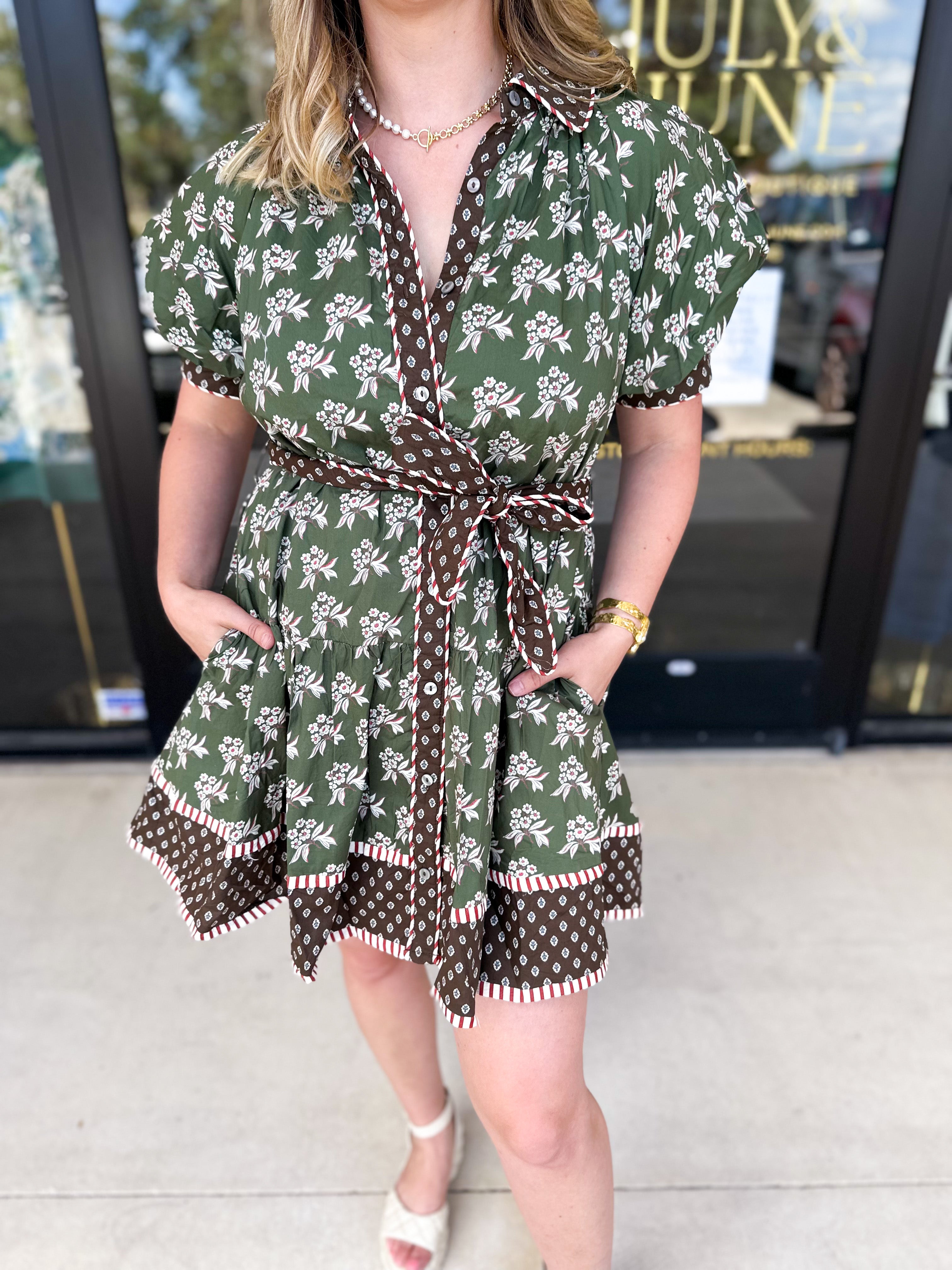 Olive & Chocolate Brown Floral Mini Dress-510 Mini-ENTRO-July & June Women's Fashion Boutique Located in San Antonio, Texas