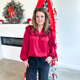 Satin Ruffle Blouse - Merlot-200 Fashion Blouses-JODIFL-July & June Women's Fashion Boutique Located in San Antonio, Texas