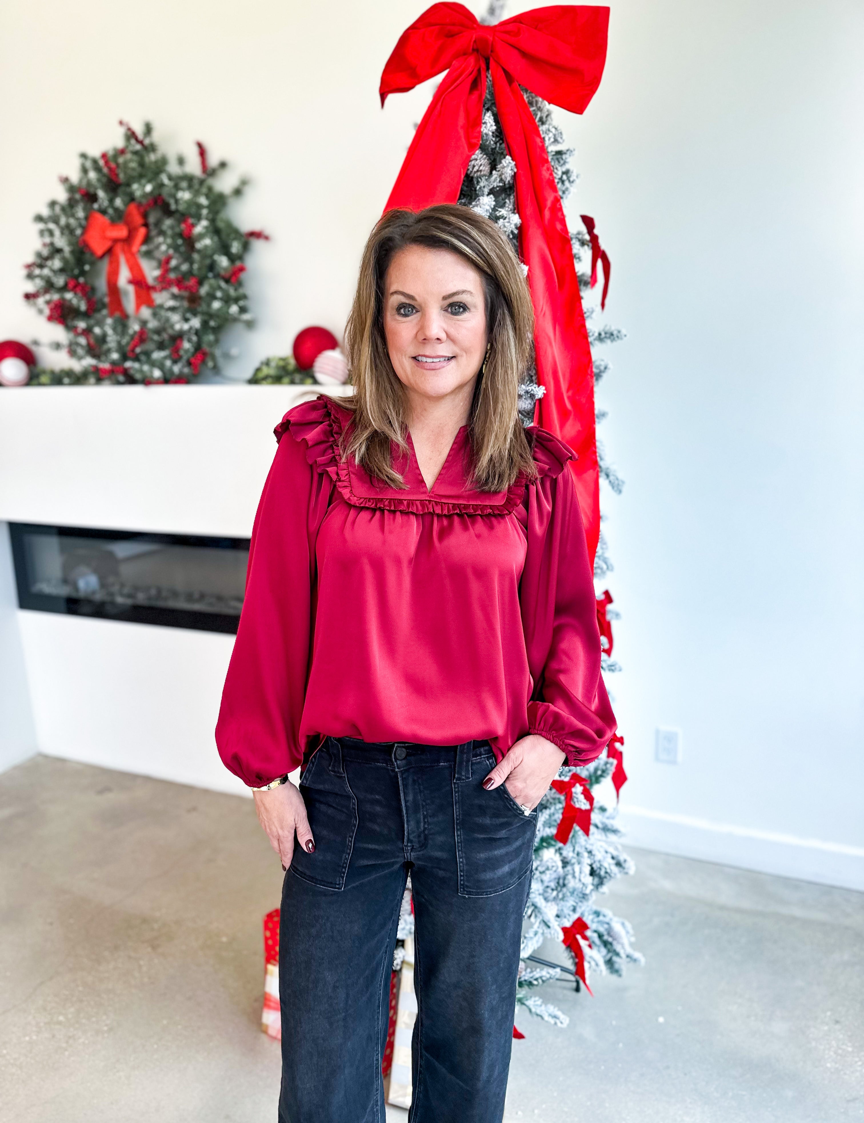 Satin Ruffle Blouse - Merlot-200 Fashion Blouses-JODIFL-July & June Women's Fashion Boutique Located in San Antonio, Texas