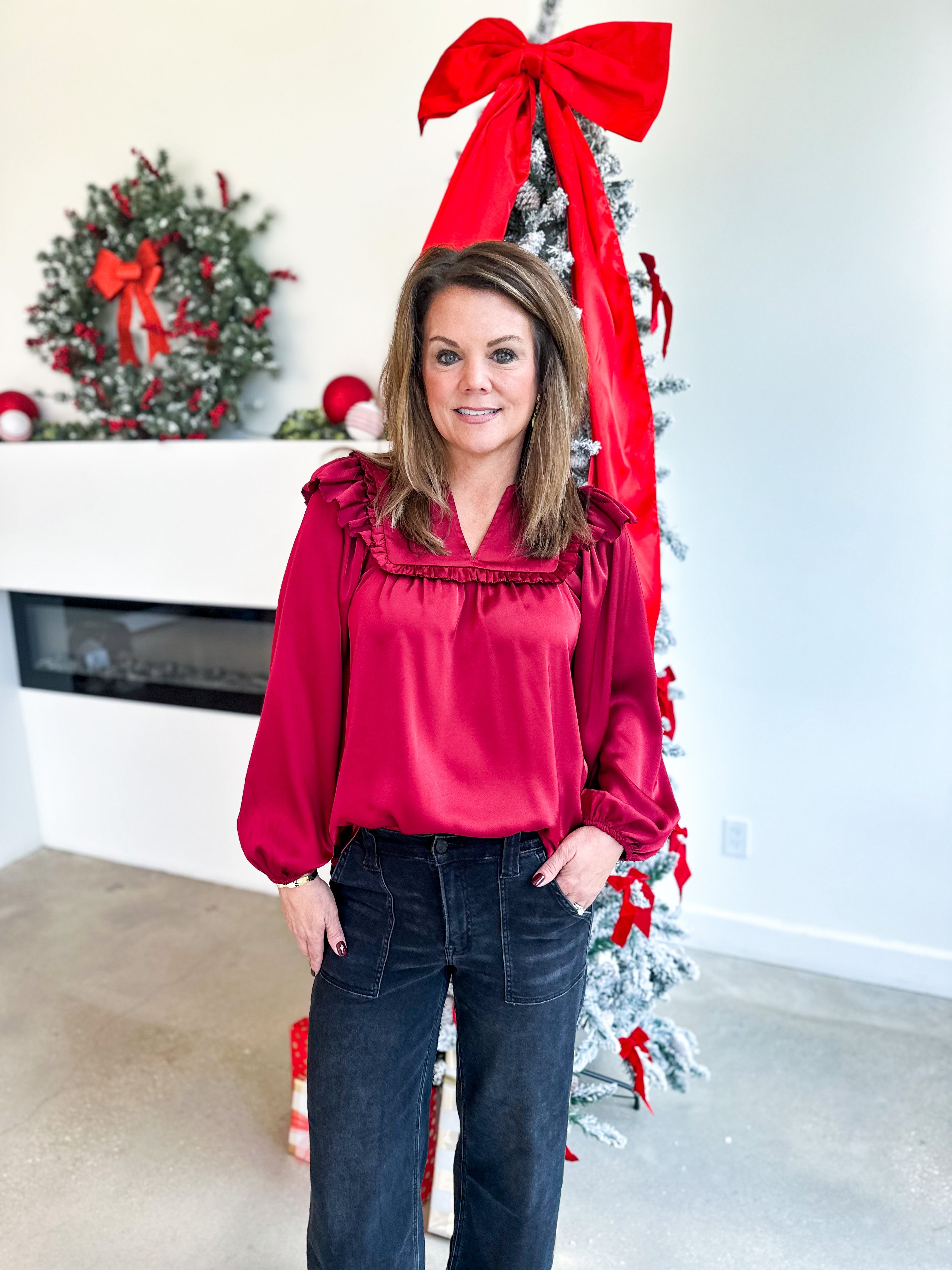 Satin Ruffle Blouse - Merlot-200 Fashion Blouses-JODIFL-July & June Women's Fashion Boutique Located in San Antonio, Texas