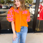 THML - Bold Citrus Embroidered Blouse-200 Fashion Blouses-THML-July & June Women's Fashion Boutique Located in San Antonio, Texas