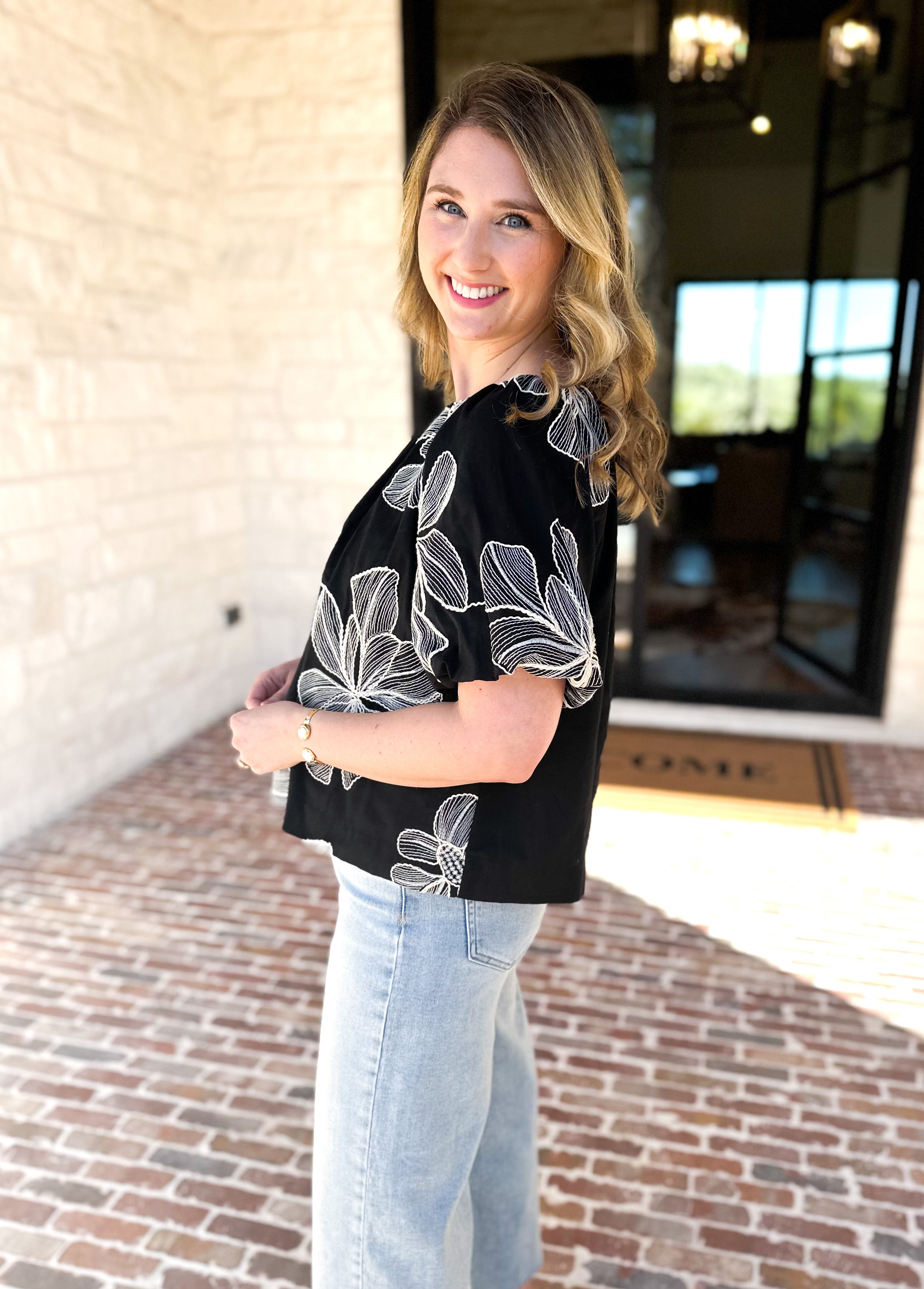THML - Black & White Flower Power Blouse-200 Fashion Blouses-THML-July & June Women's Fashion Boutique Located in San Antonio, Texas
