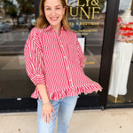 Sweetheart Denim Button Down - Red-200 Fashion Blouses-FATE-July & June Women's Fashion Boutique Located in San Antonio, Texas