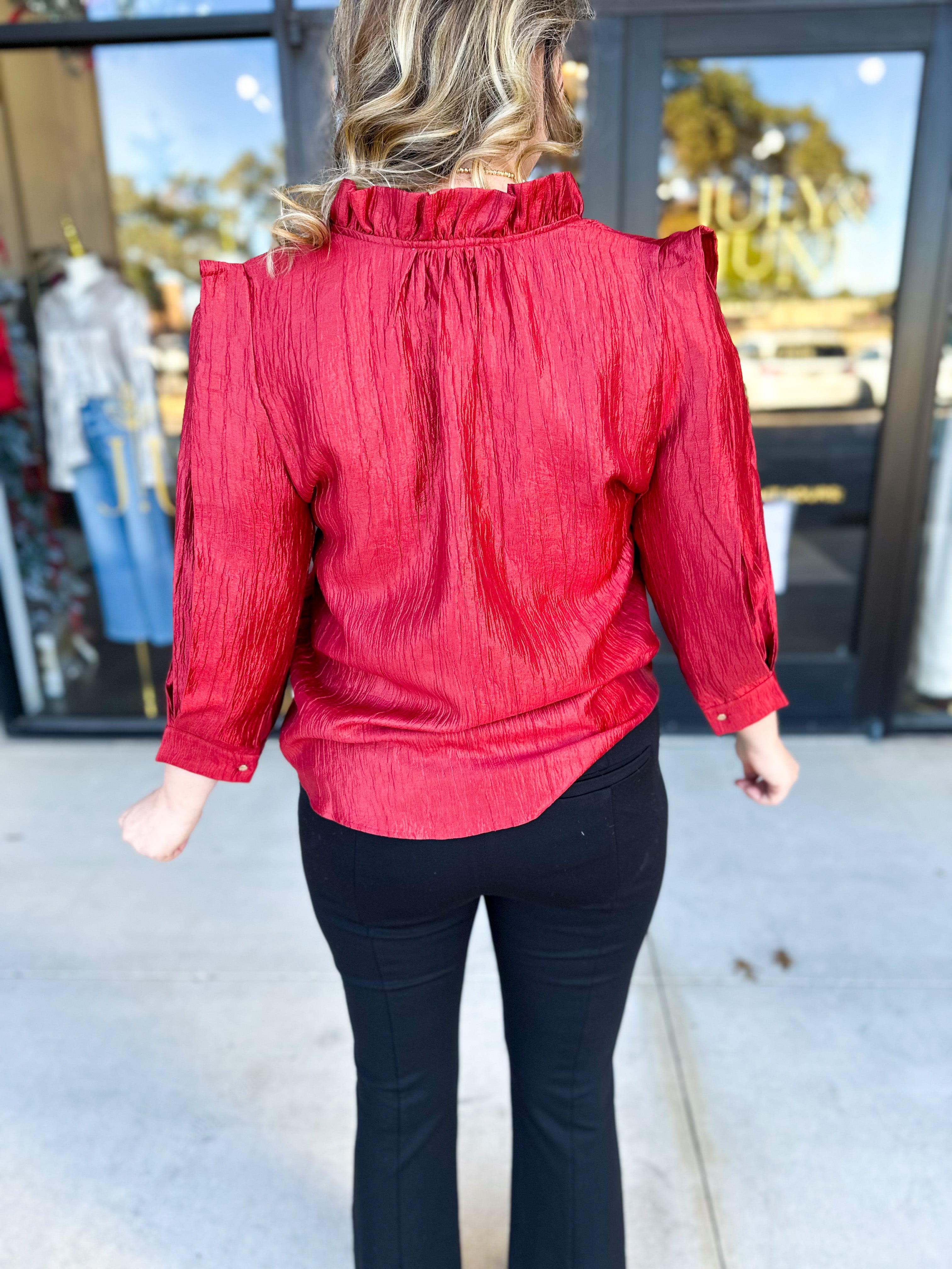 THML - Cherry Red Sheen Blouse-200 Fashion Blouses-THML-July & June Women's Fashion Boutique Located in San Antonio, Texas