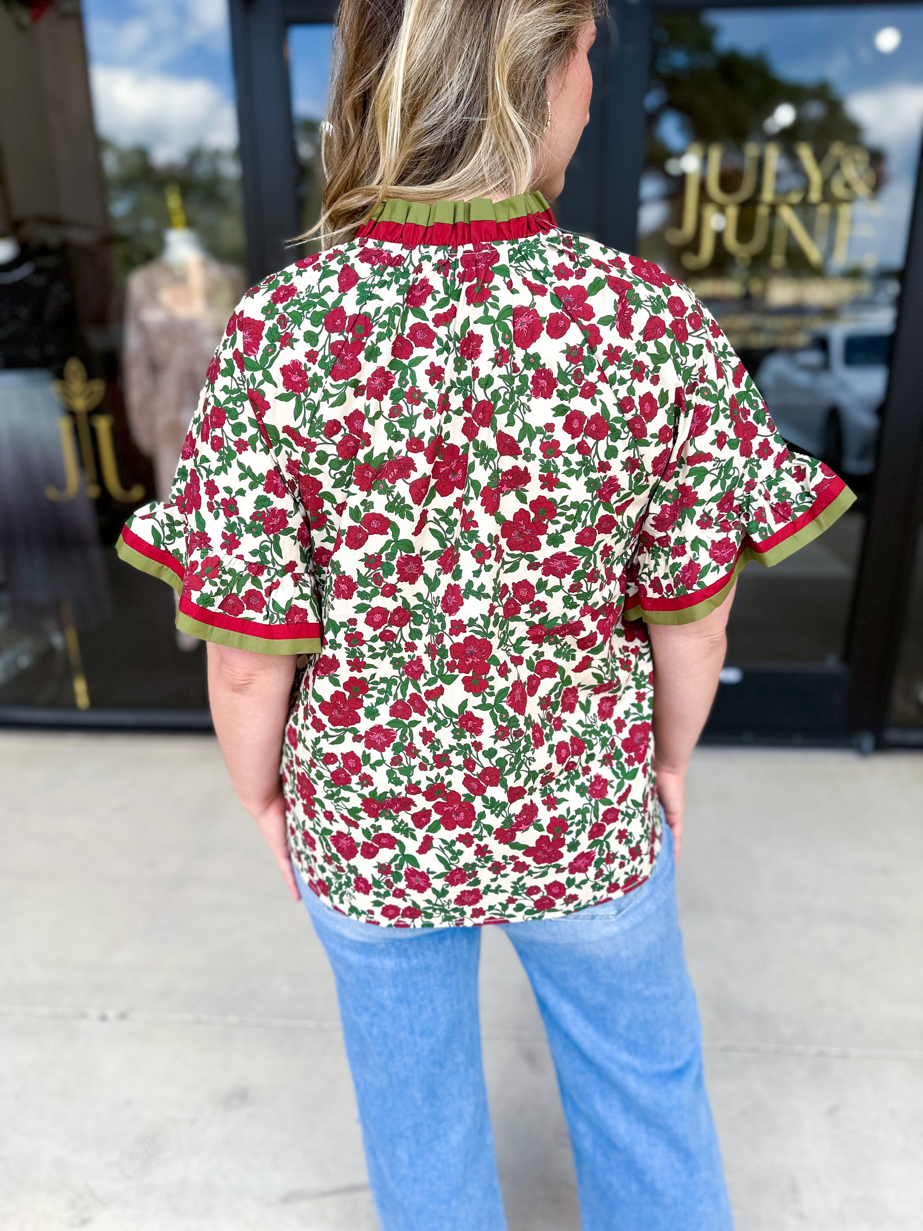 Burgundy & Olive Floral Blouse-200 Fashion Blouses-ENTRO-July & June Women's Fashion Boutique Located in San Antonio, Texas