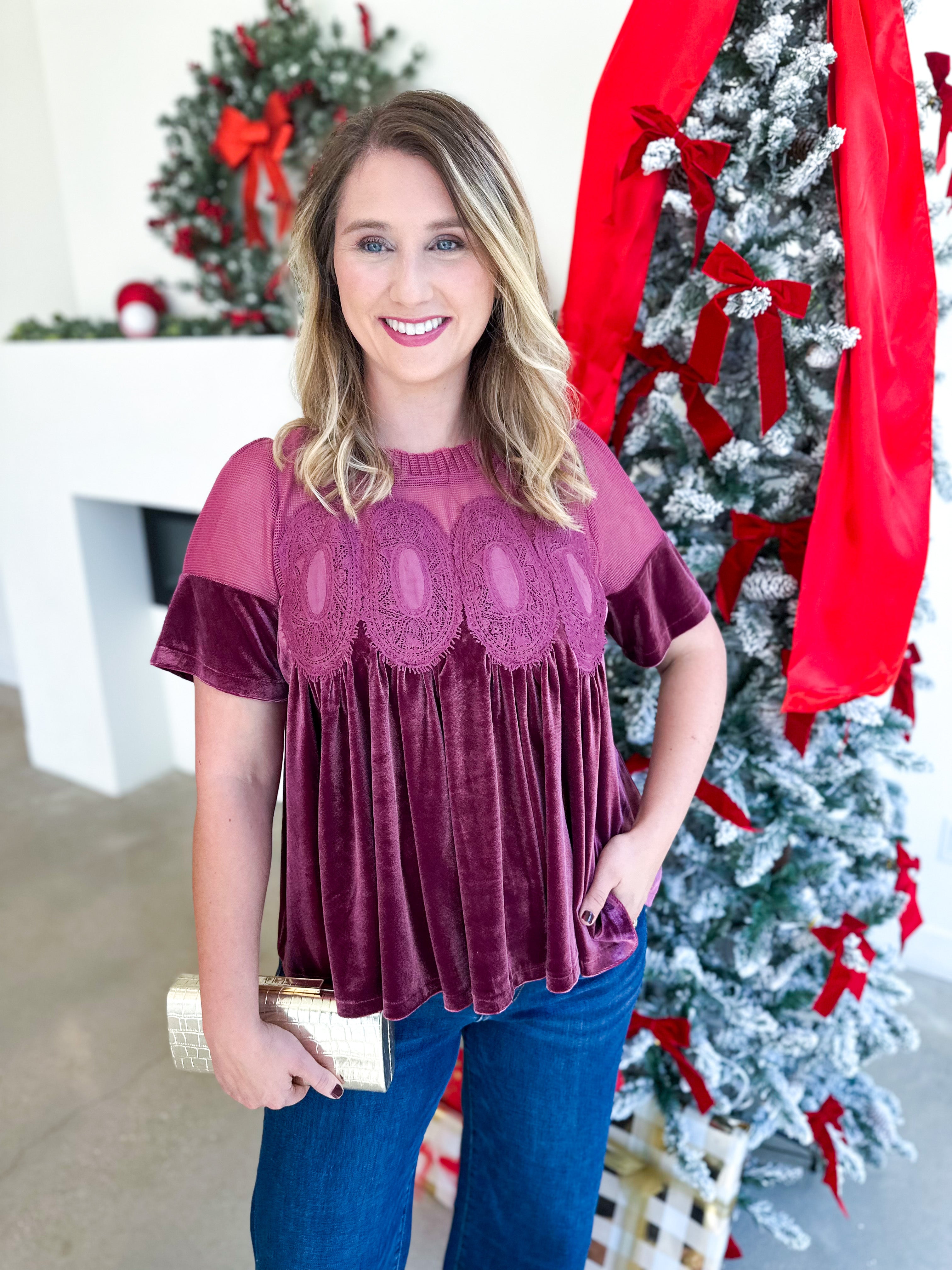Lace Details Velvet Blouse - Pink-200 Fashion Blouses-FATE-July & June Women's Fashion Boutique Located in San Antonio, Texas