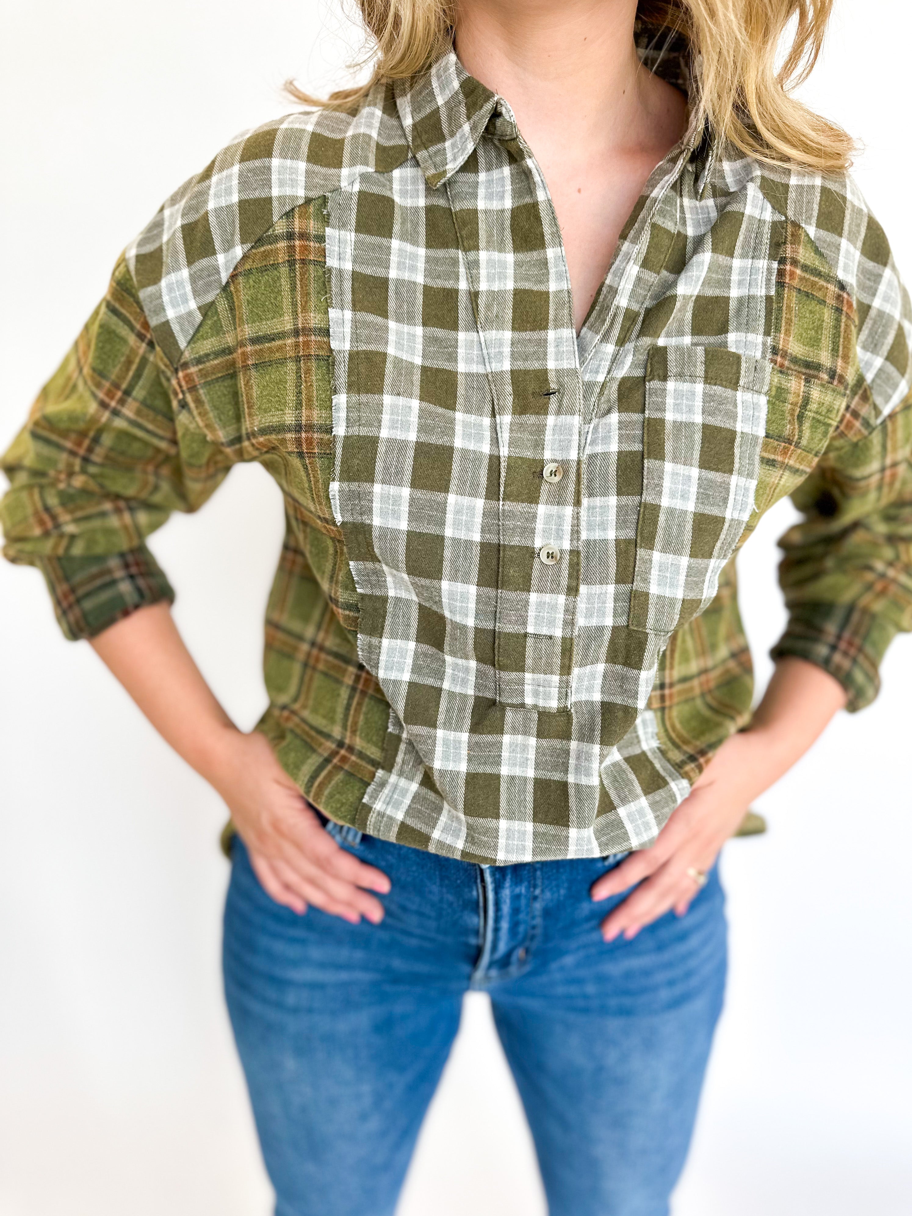 Olive Patchwork Flannel Blouse-200 Fashion Blouses-HEYSON-July & June Women's Fashion Boutique Located in San Antonio, Texas