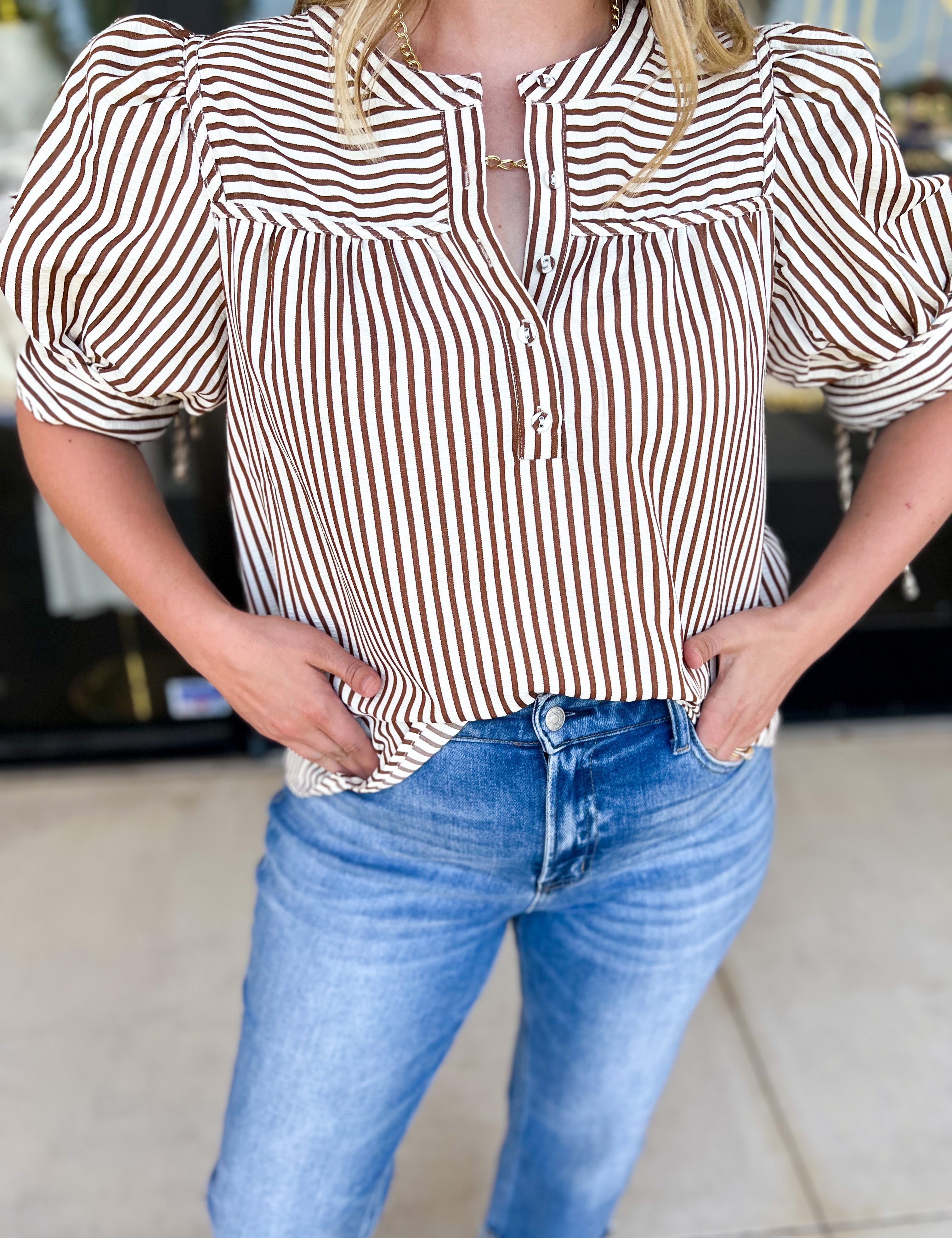 Striped Henley Blouse - Brown-200 Fashion Blouses-ENTRO-July & June Women's Fashion Boutique Located in San Antonio, Texas