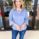 Soft Scalloped Top - Denim Blue-200 Fashion Blouses-JODIFL-July & June Women's Fashion Boutique Located in San Antonio, Texas