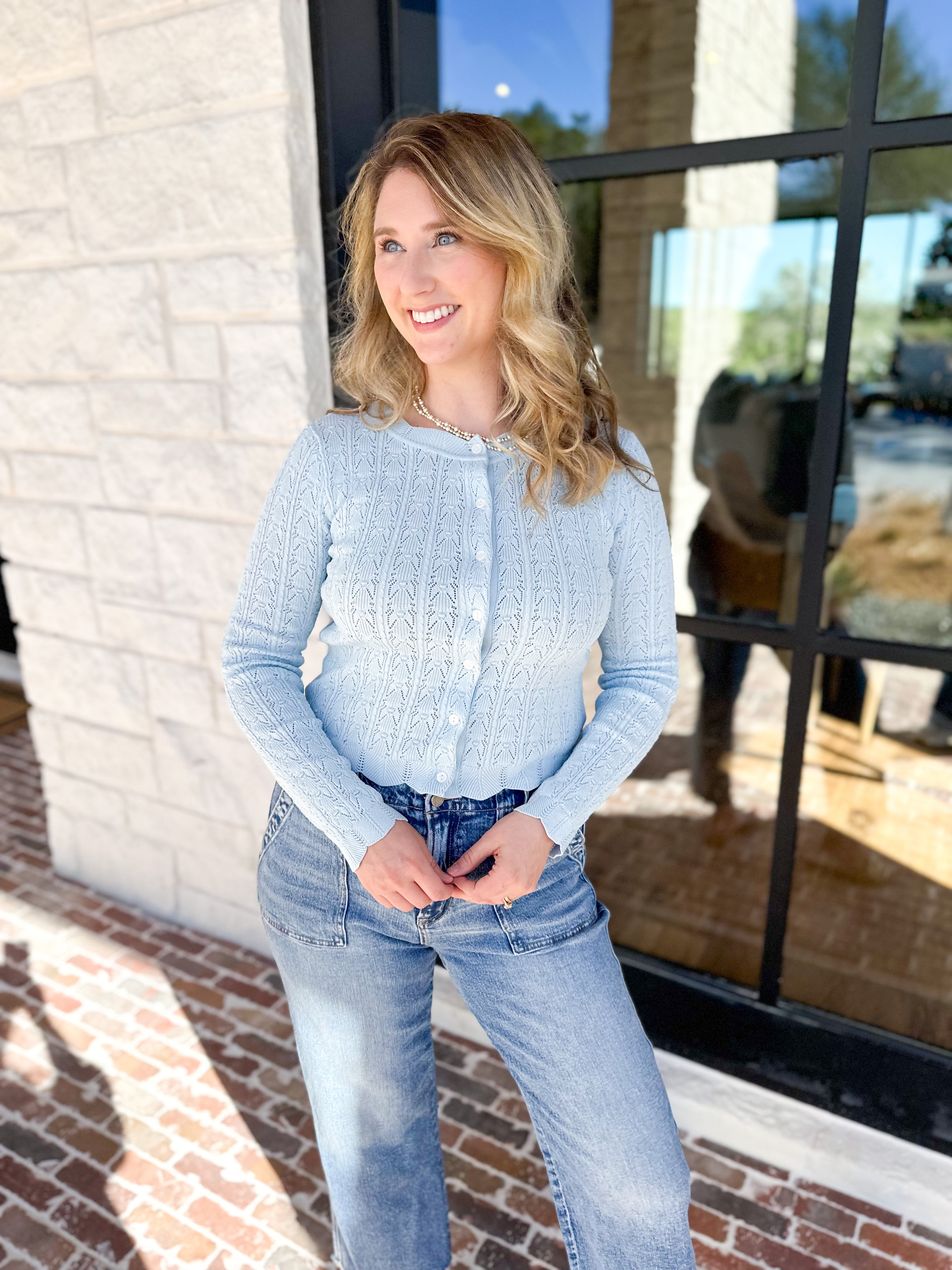 Pointelle Cardigan - Soft Blue-230 Sweaters/Cardis-ALLIE ROSE-July & June Women's Fashion Boutique Located in San Antonio, Texas