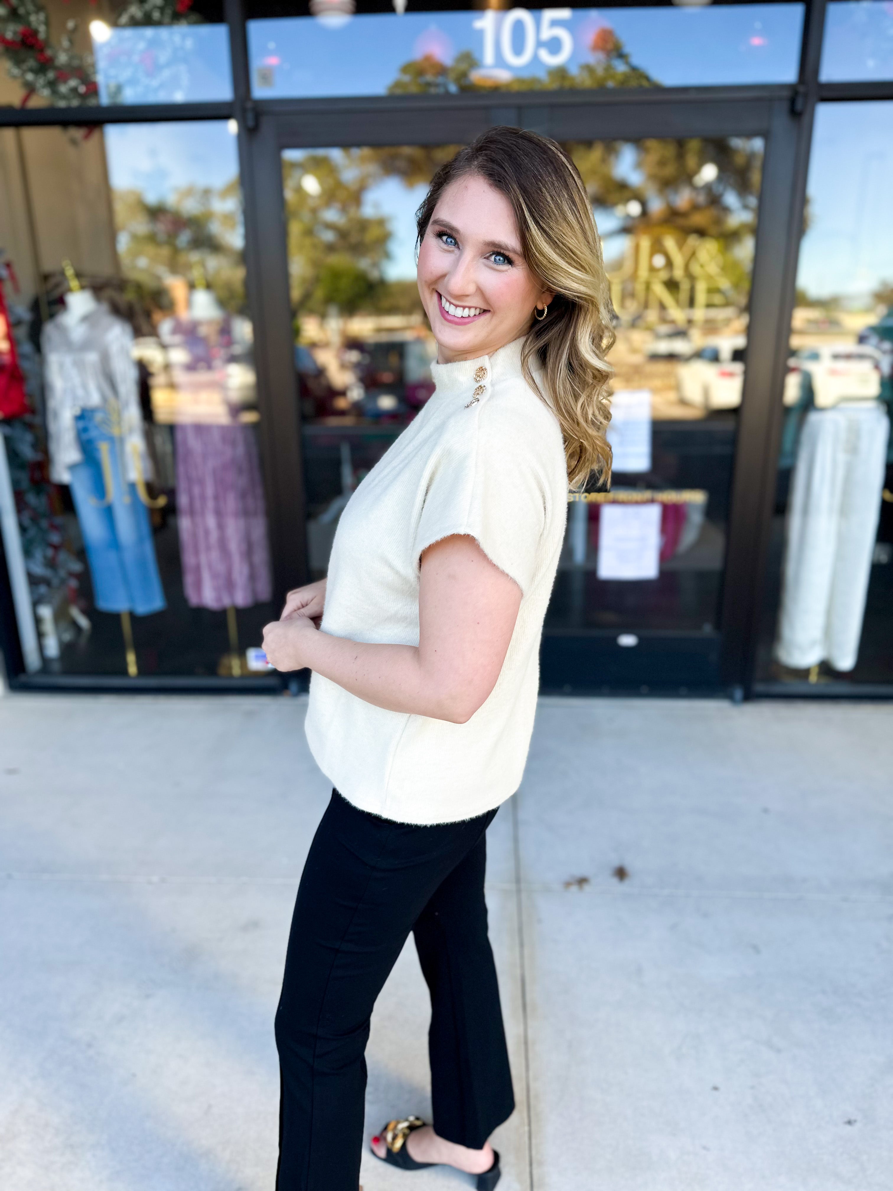 THML - Mock Neck Fuzzy Sweater Top - Cream-230 Sweaters/Cardis-THML-July & June Women's Fashion Boutique Located in San Antonio, Texas