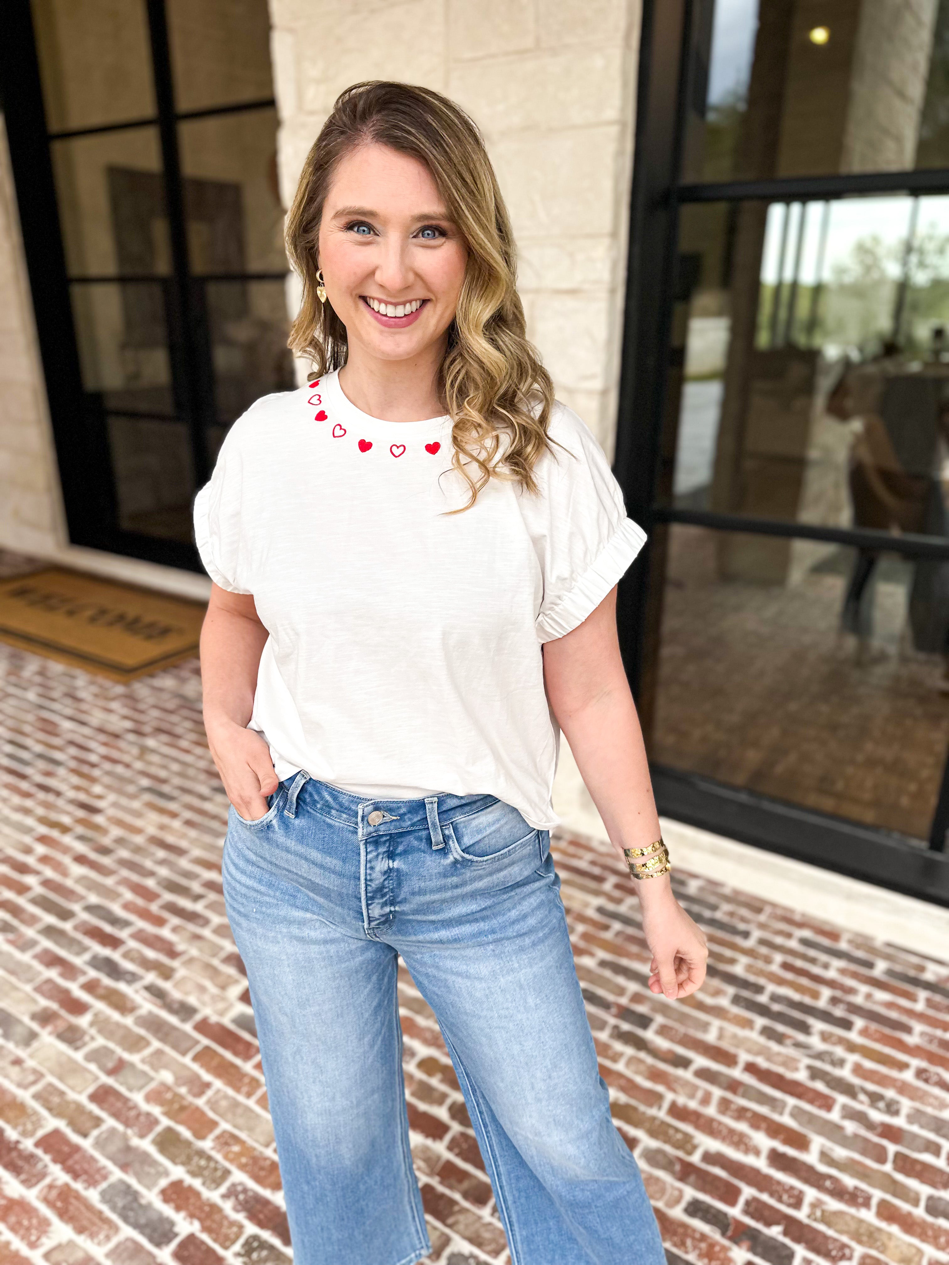 Heart Embroidered Tee-200 Fashion Blouses-DAY + MOON-July & June Women's Fashion Boutique Located in San Antonio, Texas