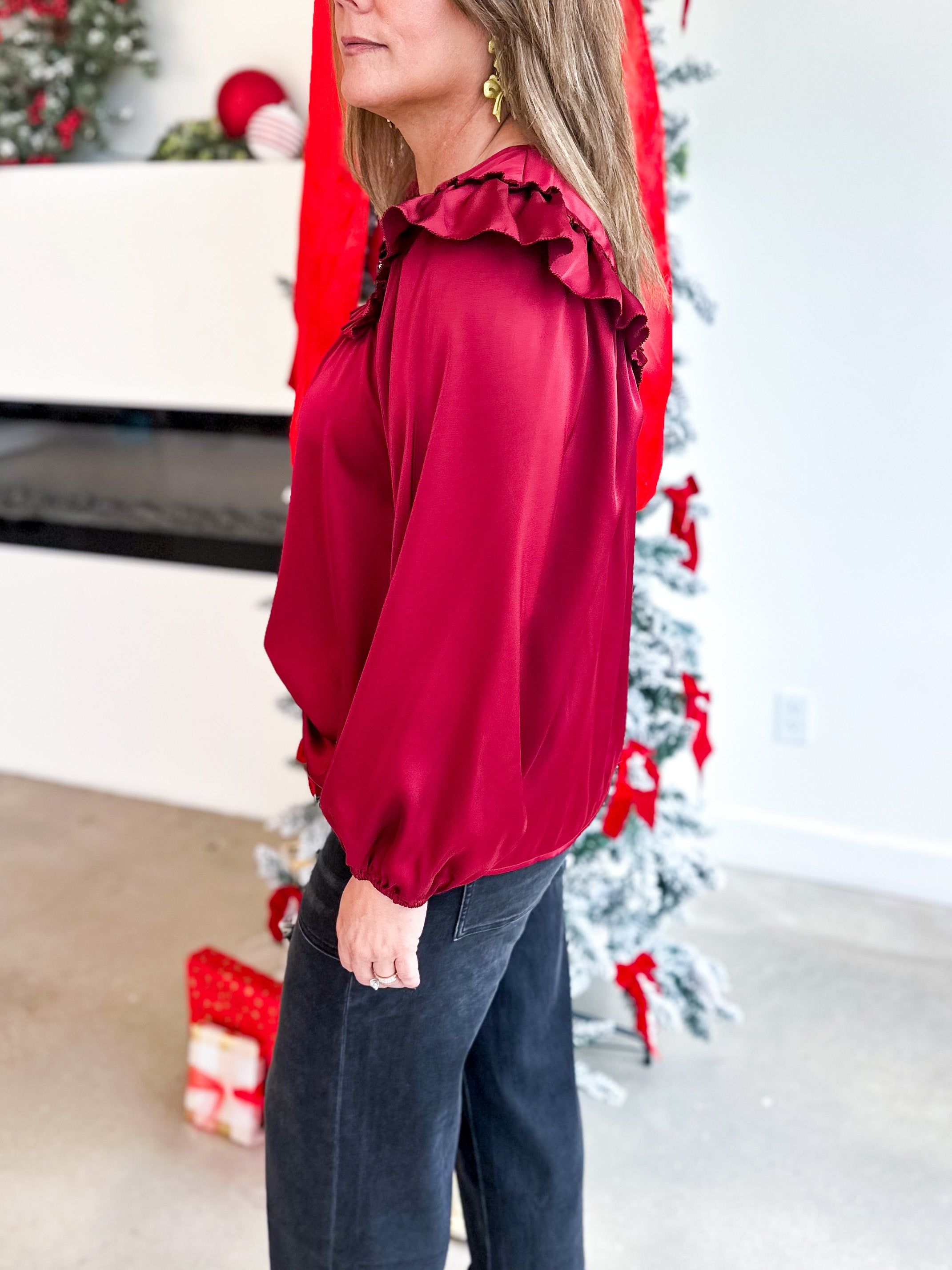 Satin Ruffle Blouse - Merlot-200 Fashion Blouses-JODIFL-July & June Women's Fashion Boutique Located in San Antonio, Texas