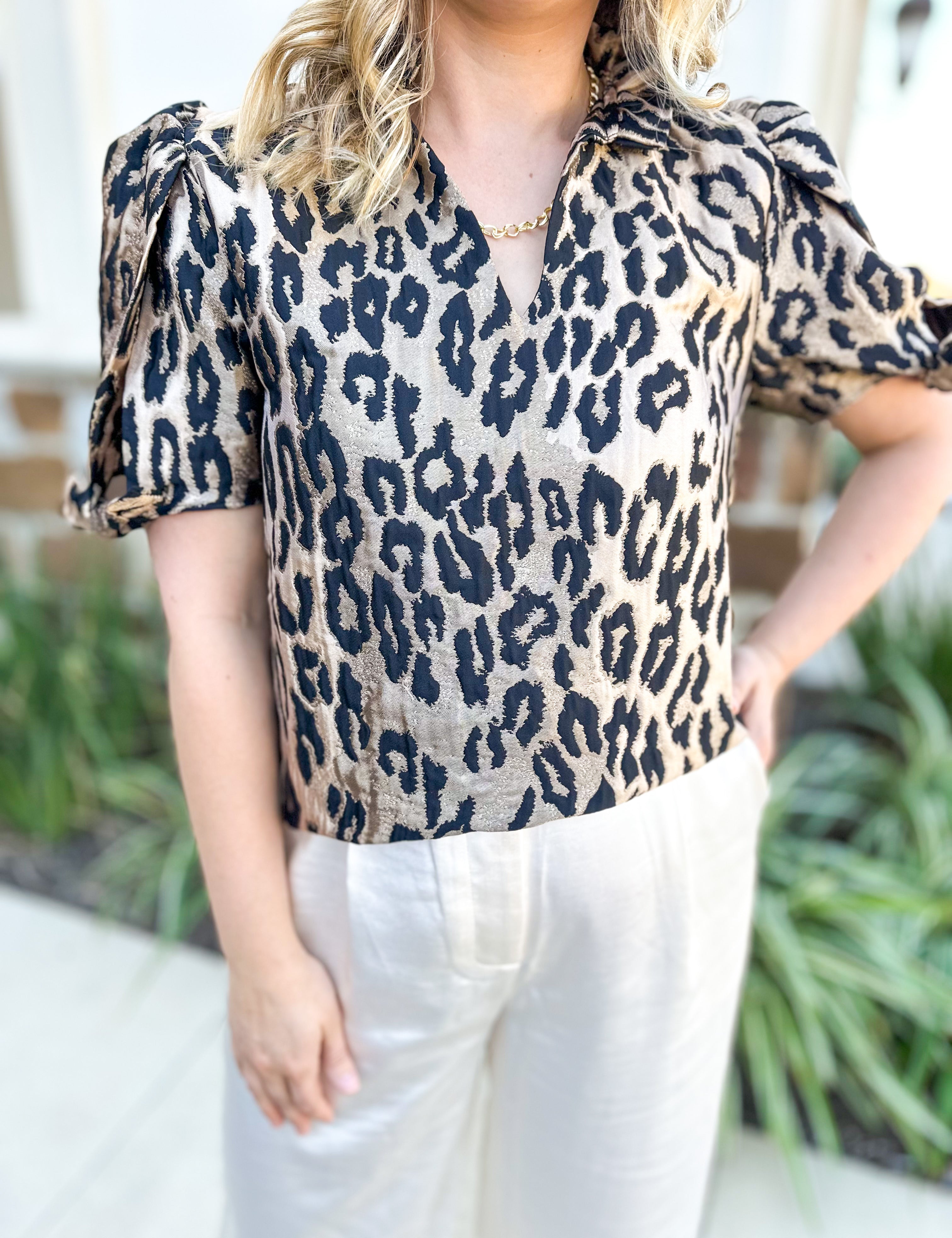 THML - Metallic Cheetah Blouse-200 Fashion Blouses-THML-July & June Women's Fashion Boutique Located in San Antonio, Texas