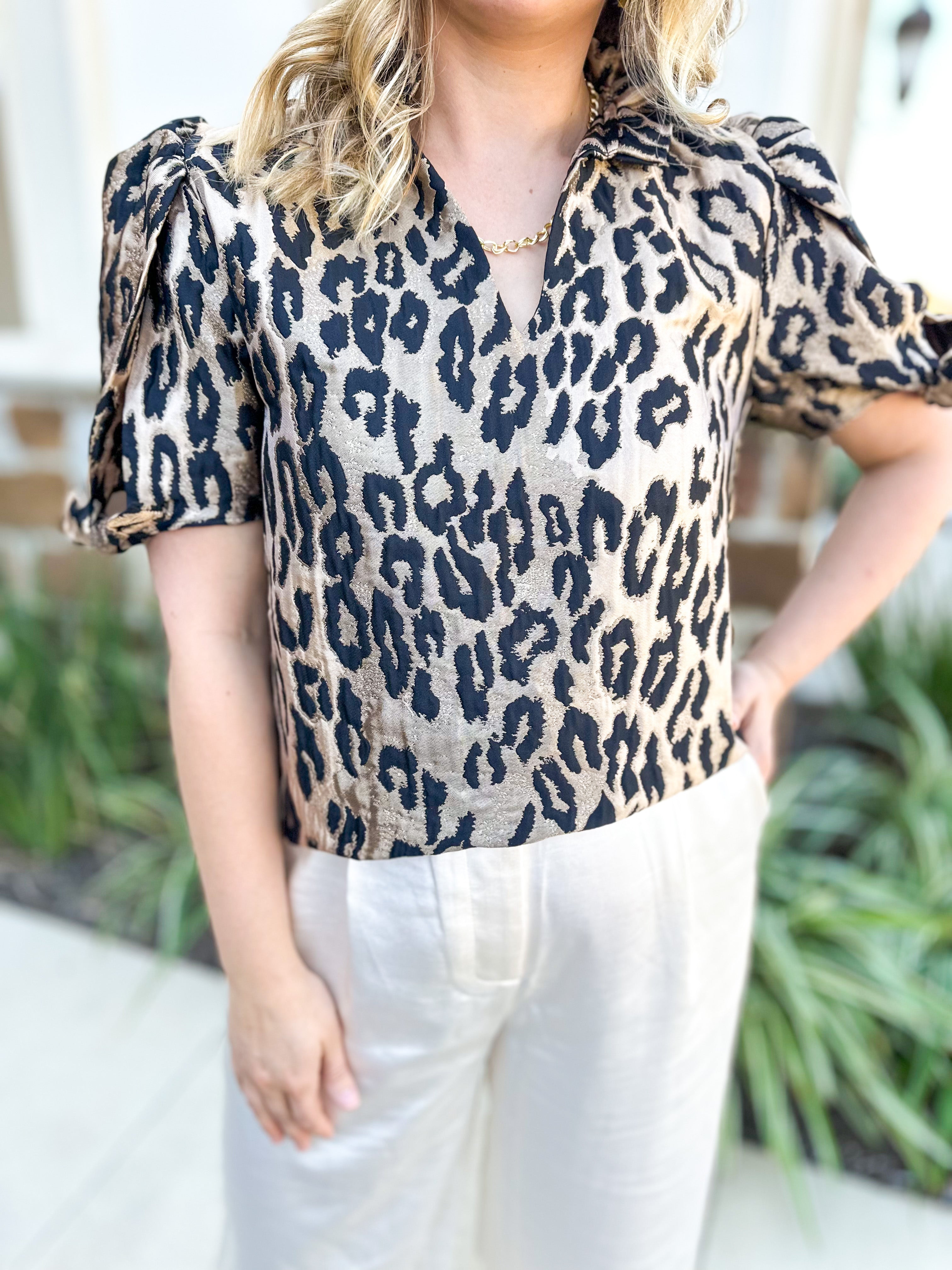 THML - Metallic Cheetah Blouse-200 Fashion Blouses-THML-July & June Women's Fashion Boutique Located in San Antonio, Texas