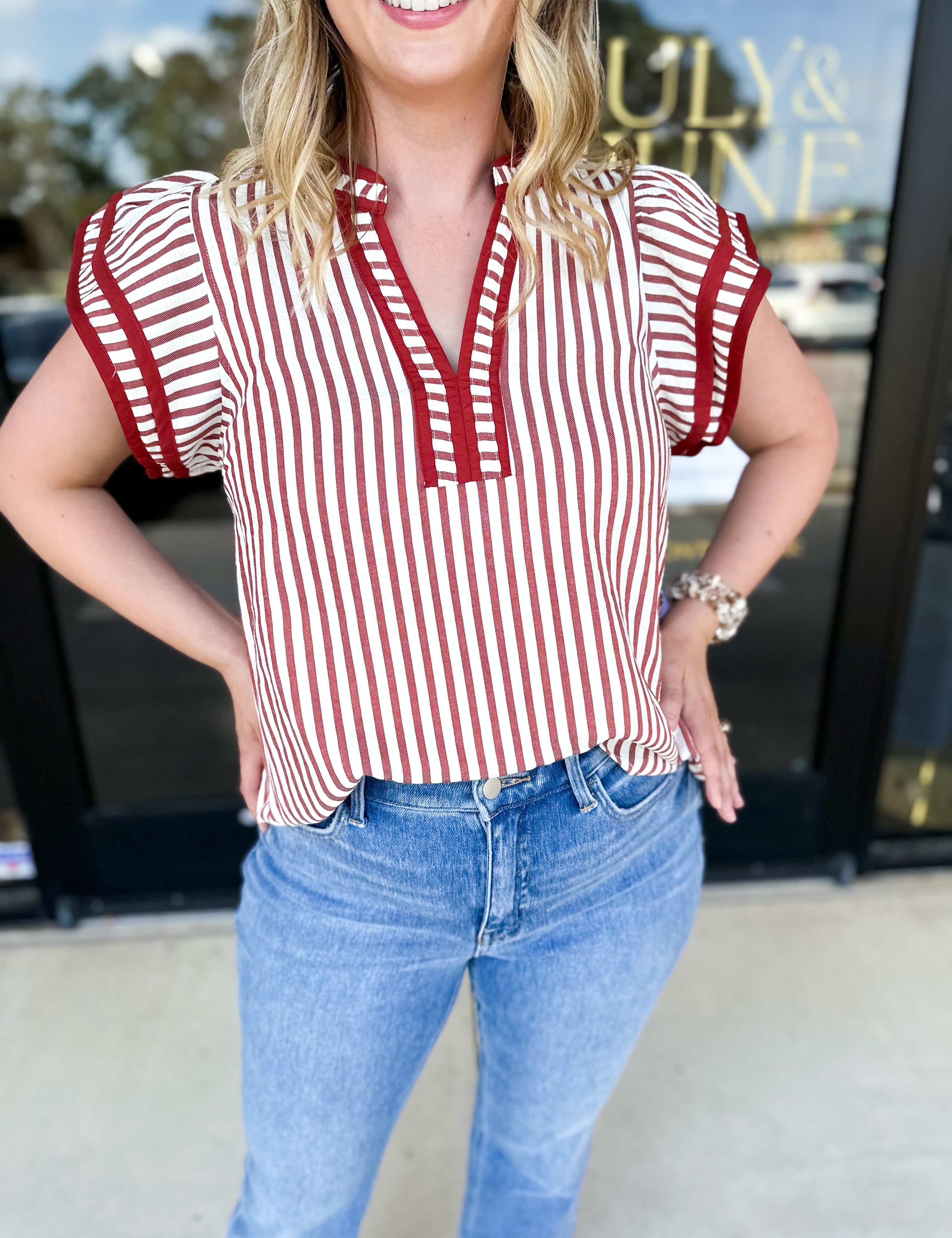 Rust Stripe Blouse-200 Fashion Blouses-ENTRO-July & June Women's Fashion Boutique Located in San Antonio, Texas